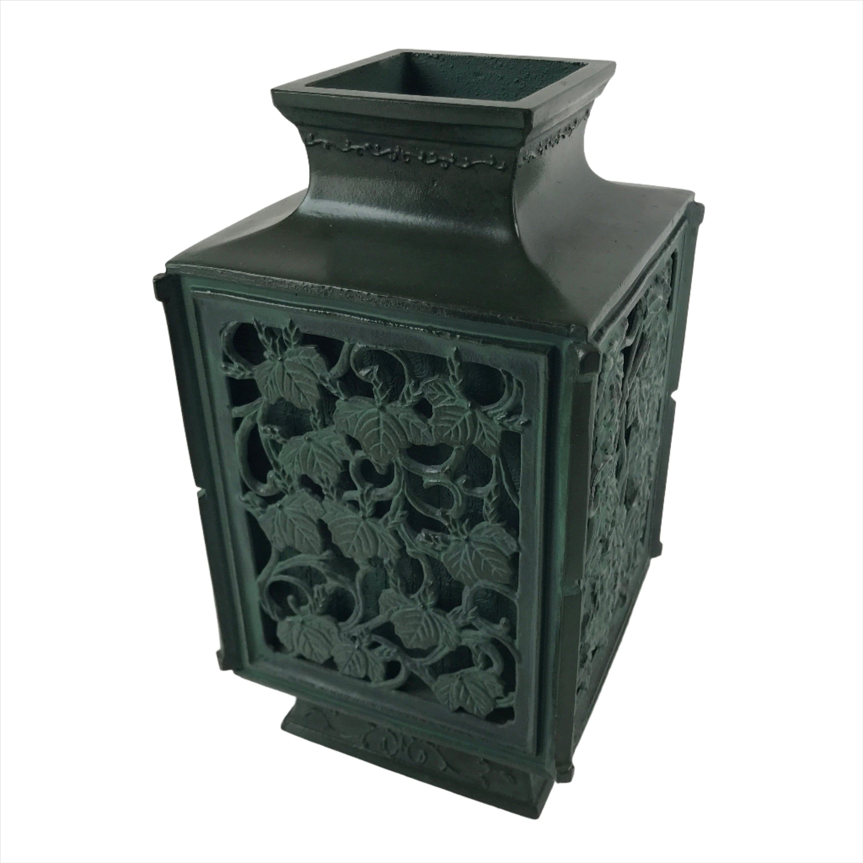 Japanese Cast Iron Vase Kabin Vtg Ikebana Flower Arrangement Green Floral PX722