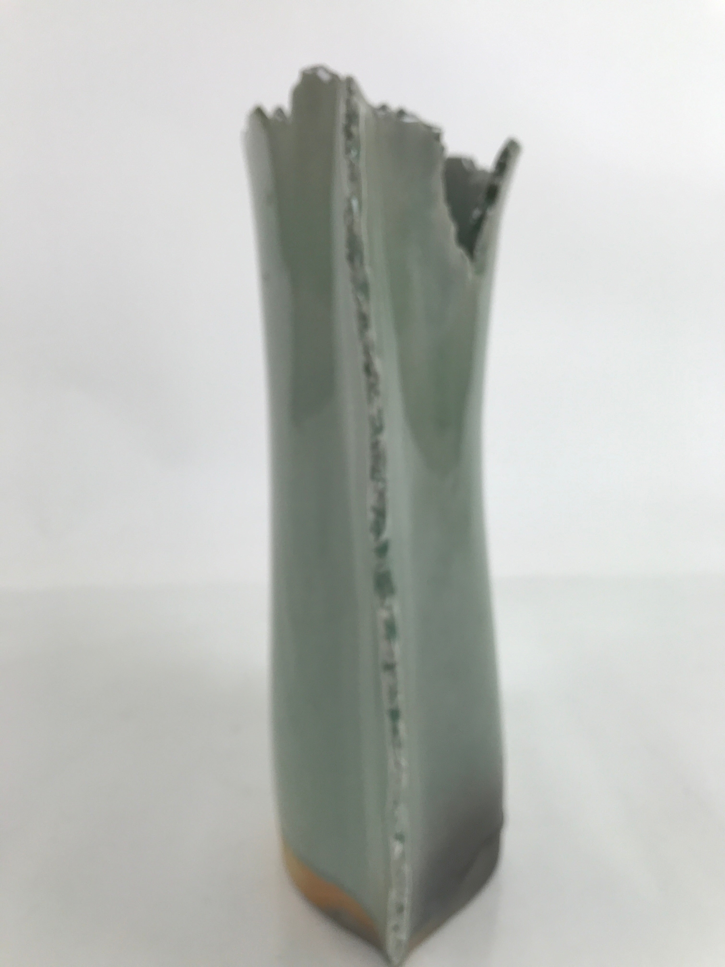 Japanese Celadon Ceramic Flower Vase Vtg Unique Kabin Green Crackle Glaze FK148