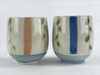 Japanese Ceramic 2pc Teacups Vtg Yunomi Yakimono White Blue Pink Leaf Pair PX