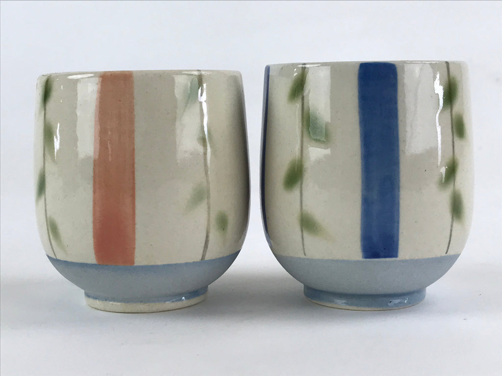 Japanese Ceramic 2pc Teacups Vtg Yunomi Yakimono White Blue Pink Leaf Pair PX