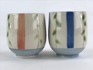 Japanese Ceramic 2pc Teacups Vtg Yunomi Yakimono White Blue Pink Leaf Pair PX