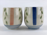 Japanese Ceramic 2pc Teacups Vtg Yunomi Yakimono White Blue Pink Leaf Pair PX