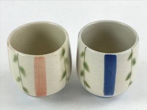 Japanese Ceramic 2pc Teacups Vtg Yunomi Yakimono White Blue Pink Leaf Pair PX