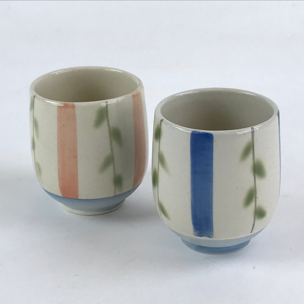 Japanese Ceramic 2pc Teacups Vtg Yunomi Yakimono White Blue Pink Leaf Pair PX