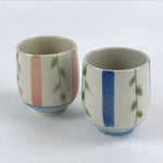 Japanese Ceramic 2pc Teacups Vtg Yunomi Yakimono White Blue Pink Leaf Pair PX