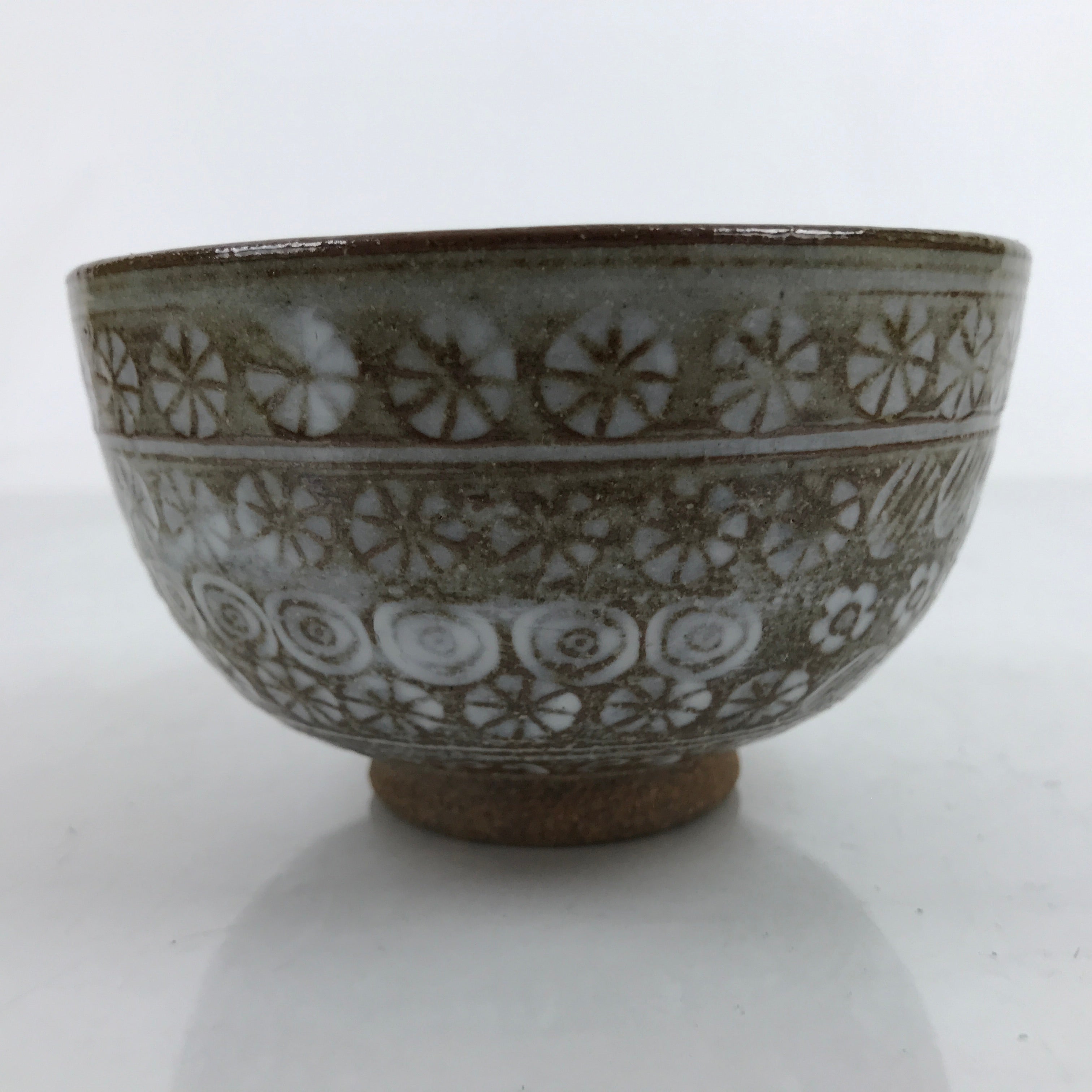 Japanese Ceramic Banko Ware Green Tea Bowl Matcha Chawan Vtg Gray Flower CHB55