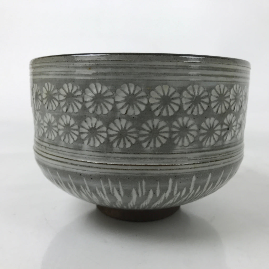 Japanese Ceramic Banko Ware Green Tea Bowl Matcha Chawan Vtg Gray White CHB98