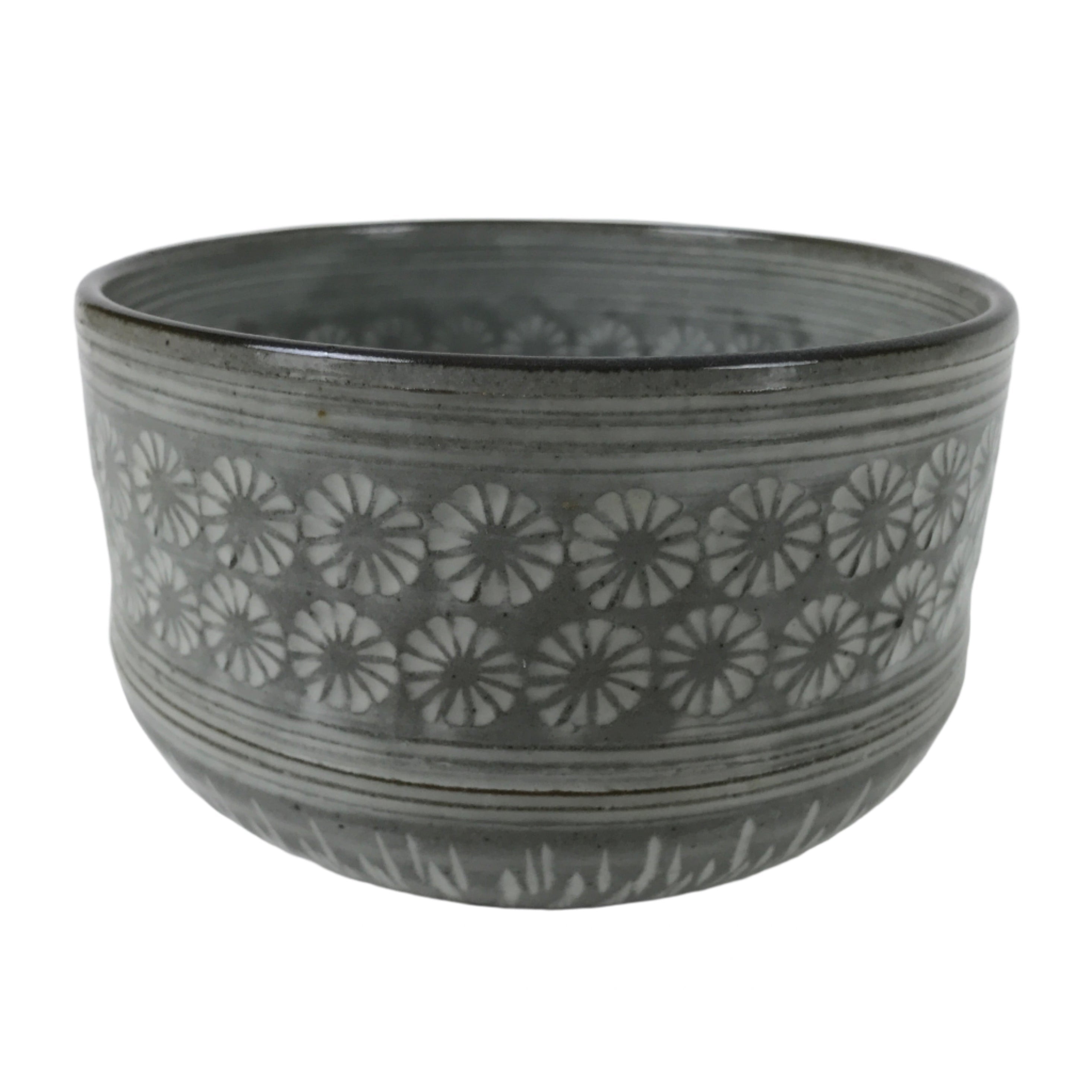Japanese Ceramic Banko Ware Green Tea Bowl Matcha Chawan Vtg Gray White CHB98