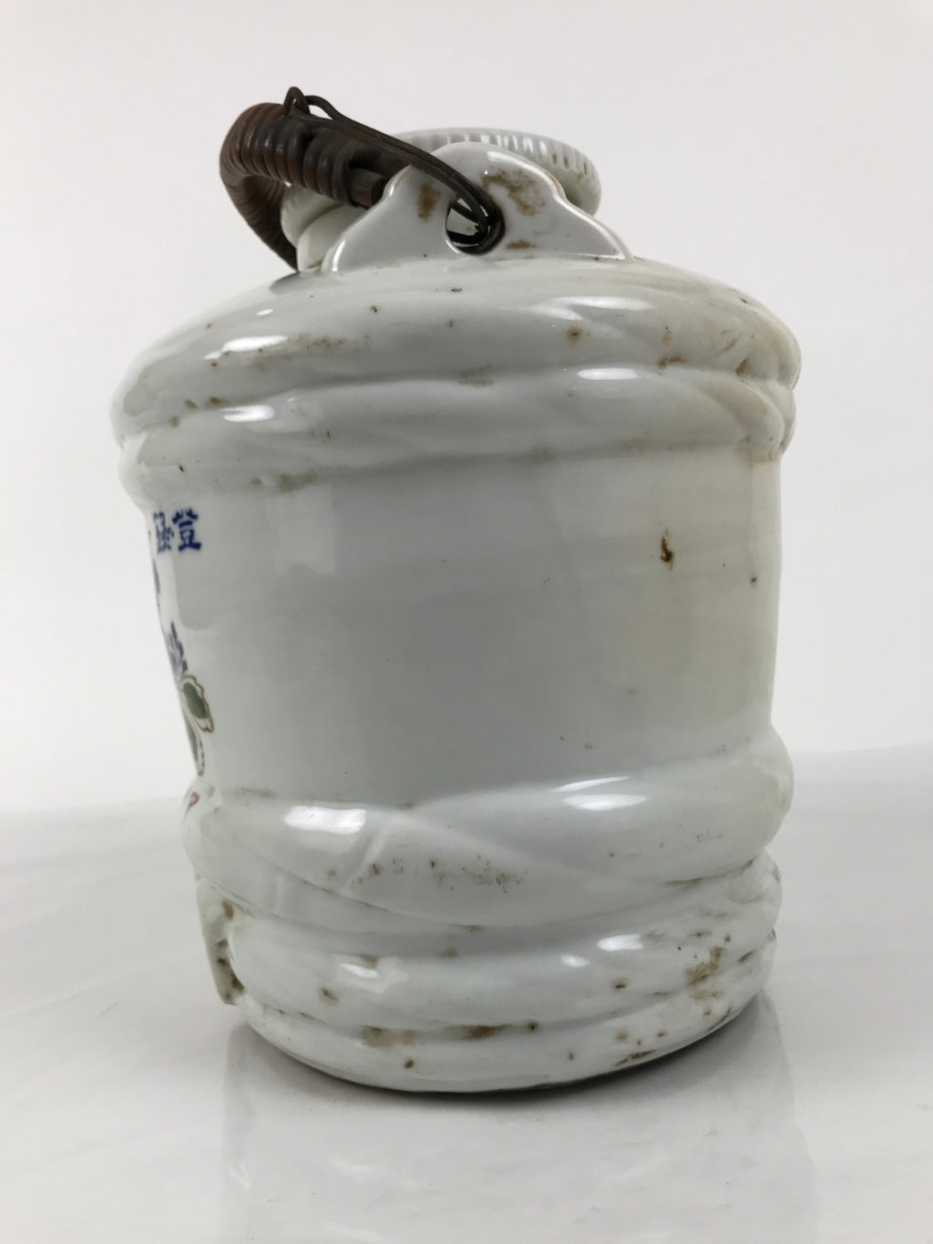 Japanese Ceramic Barrel Sake Bottle Kayoi-Tokkuri Vtg Barrel White Blue TS881