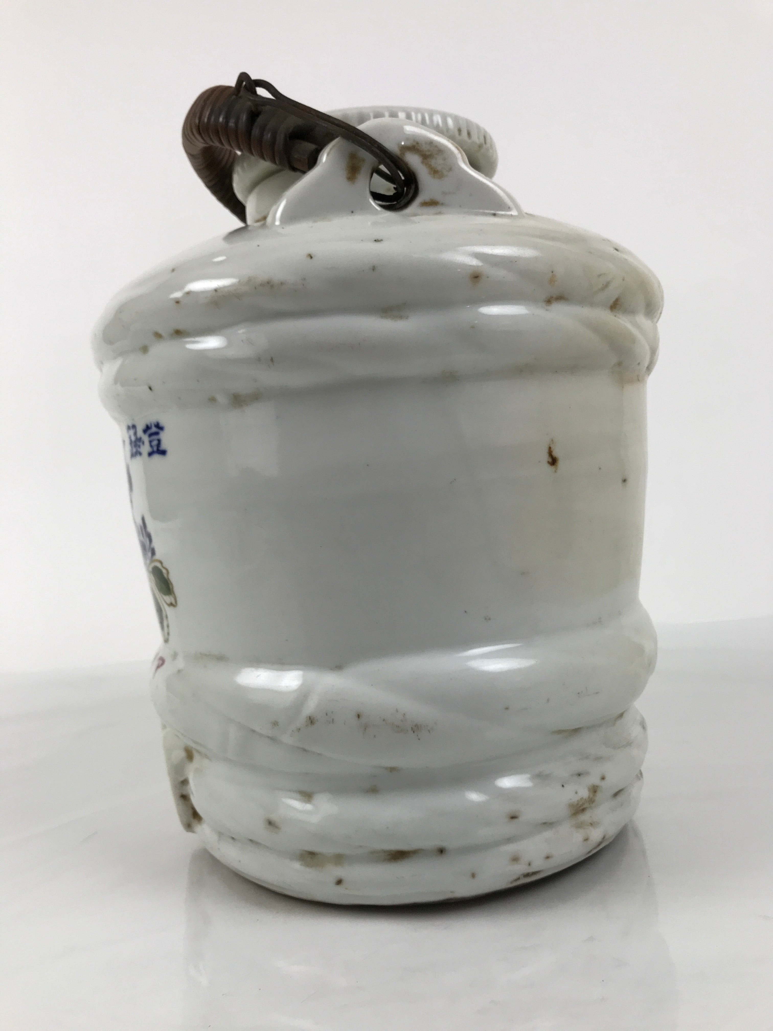 Japanese Ceramic Barrel Sake Bottle Kayoi-Tokkuri Vtg Barrel White Blue TS881