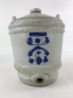 Japanese Ceramic Barrel Sake Bottle Kayoi-Tokkuri Vtg White Blue Kanji TS583