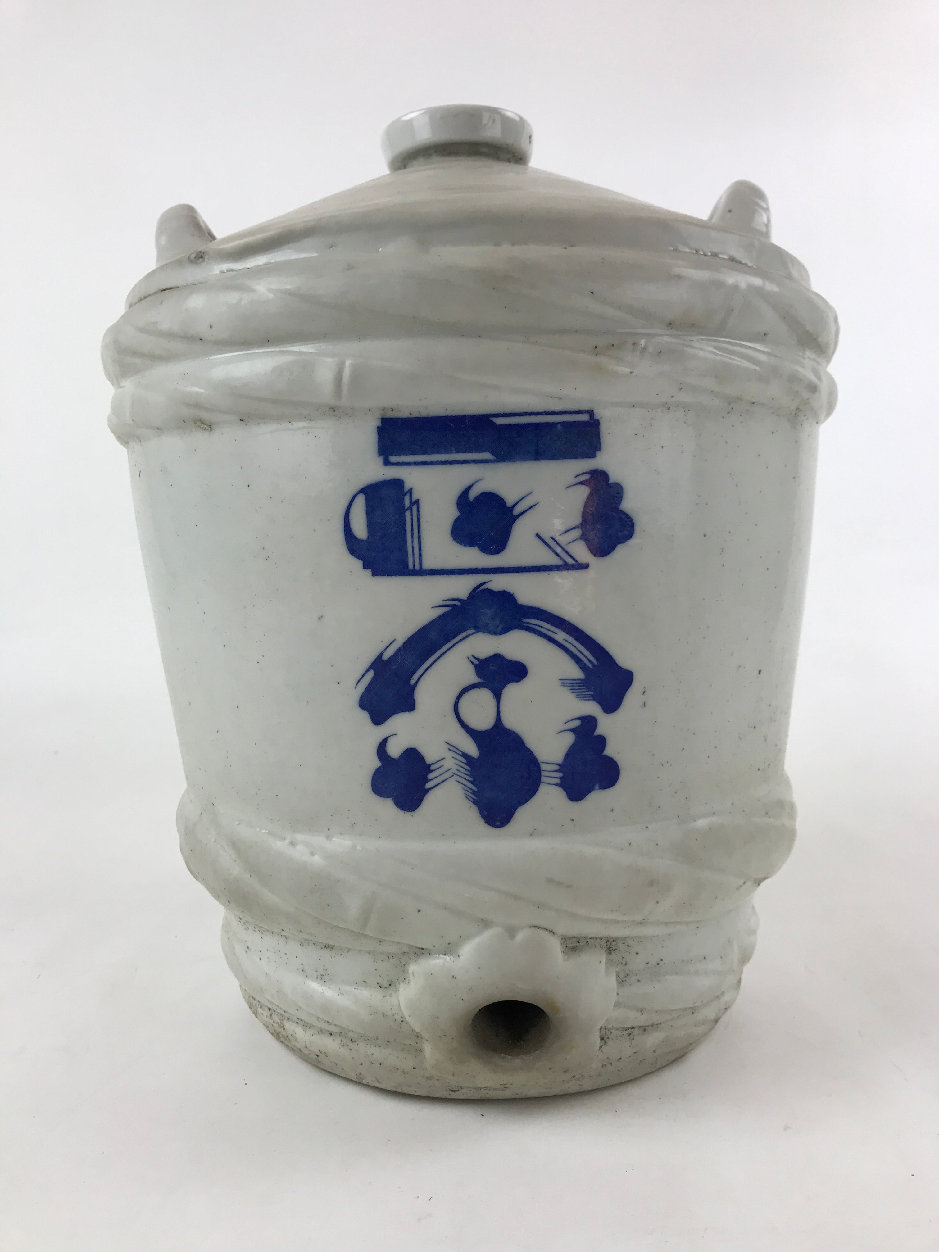 Japanese Ceramic Barrel Sake Bottle Kayoi-Tokkuri Vtg White Blue Kanji TS583