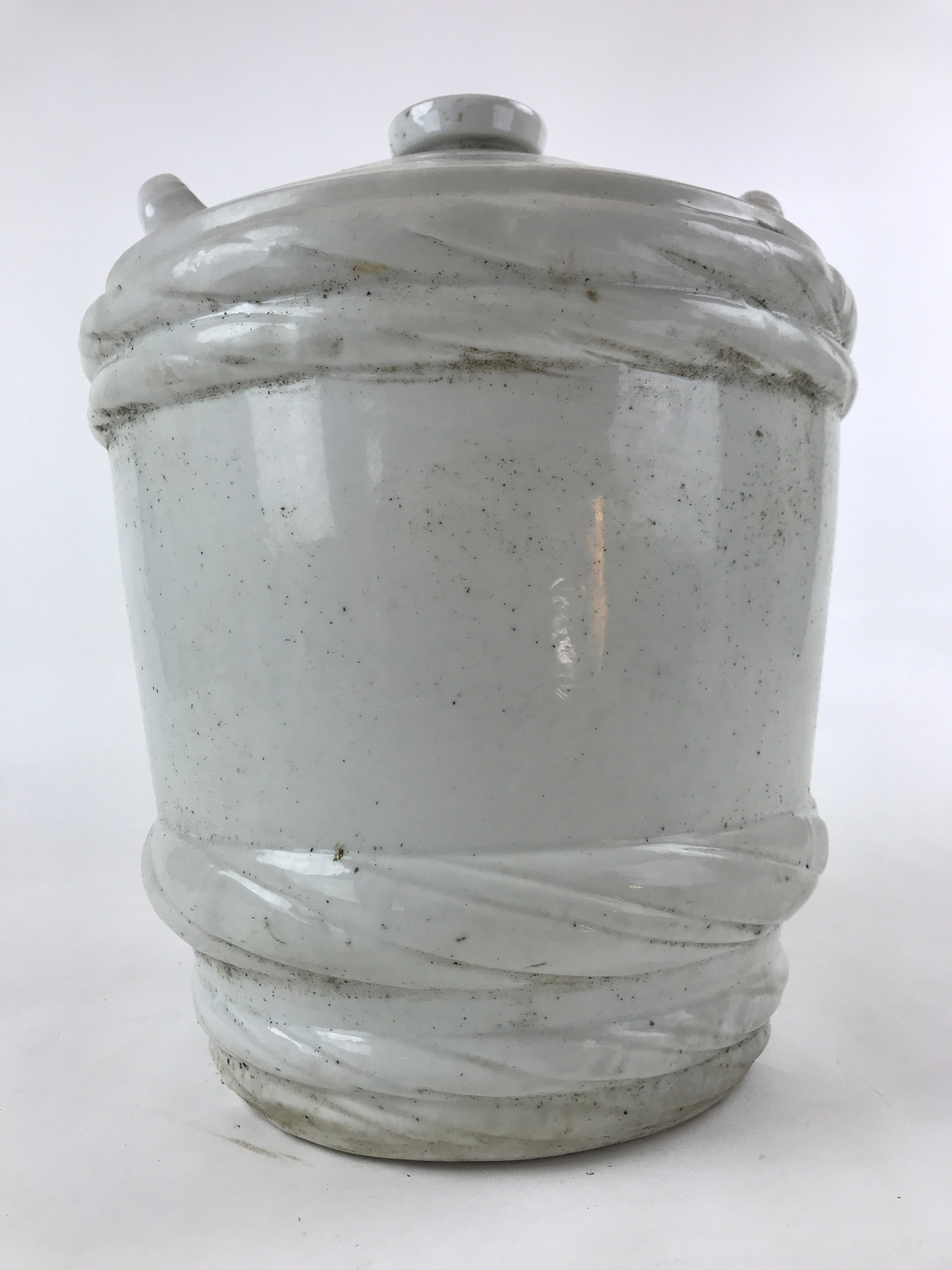 Japanese Ceramic Barrel Sake Bottle Kayoi-Tokkuri Vtg White Blue Kanji TS583