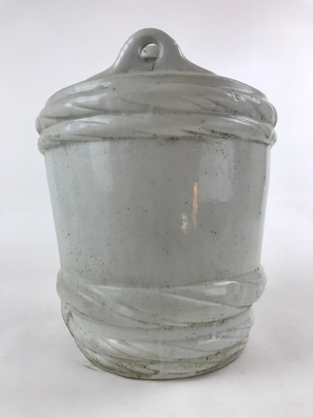 Japanese Ceramic Barrel Sake Bottle Kayoi-Tokkuri Vtg White Blue Kanji TS583