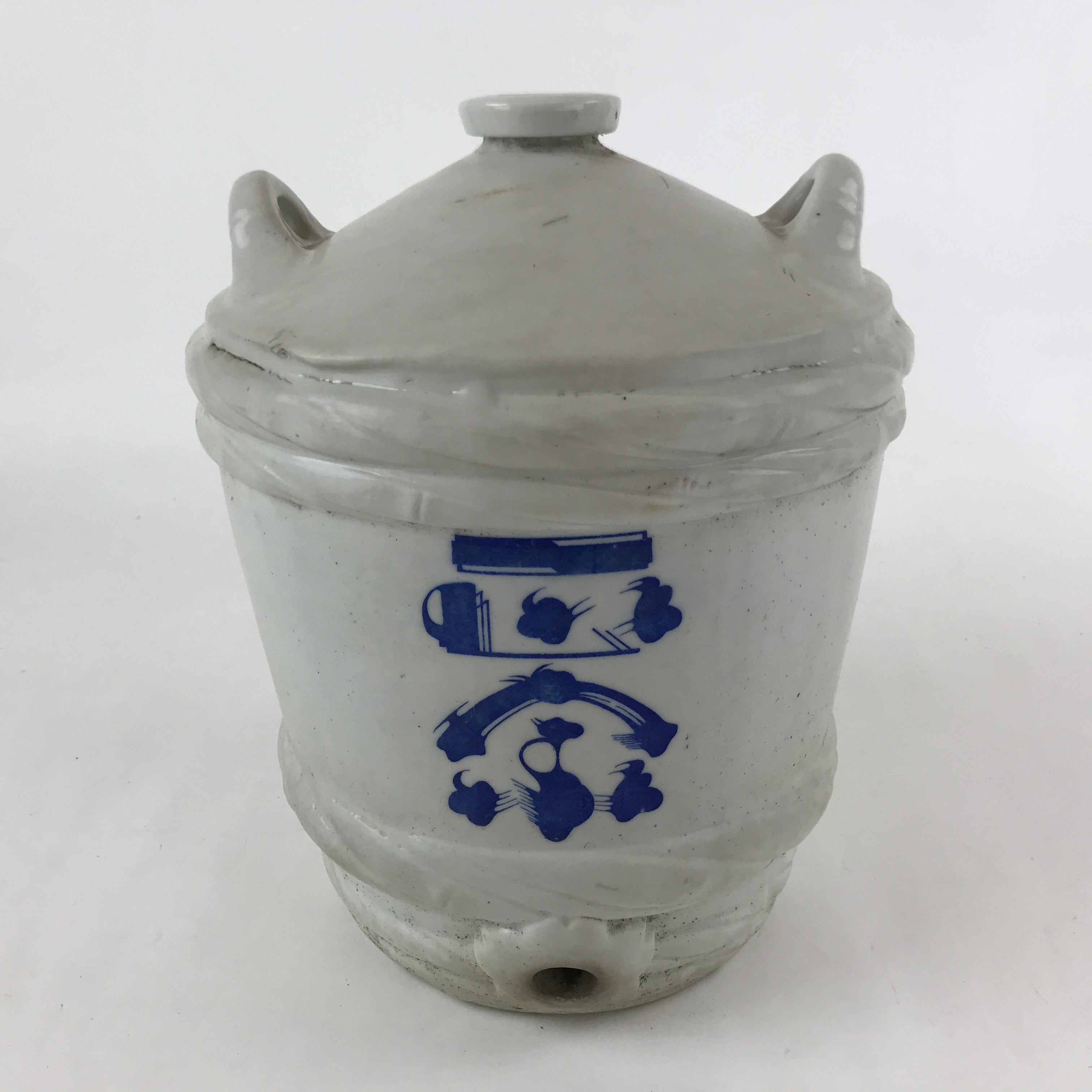 Japanese Ceramic Barrel Sake Bottle Kayoi-Tokkuri Vtg White Blue Kanji TS583