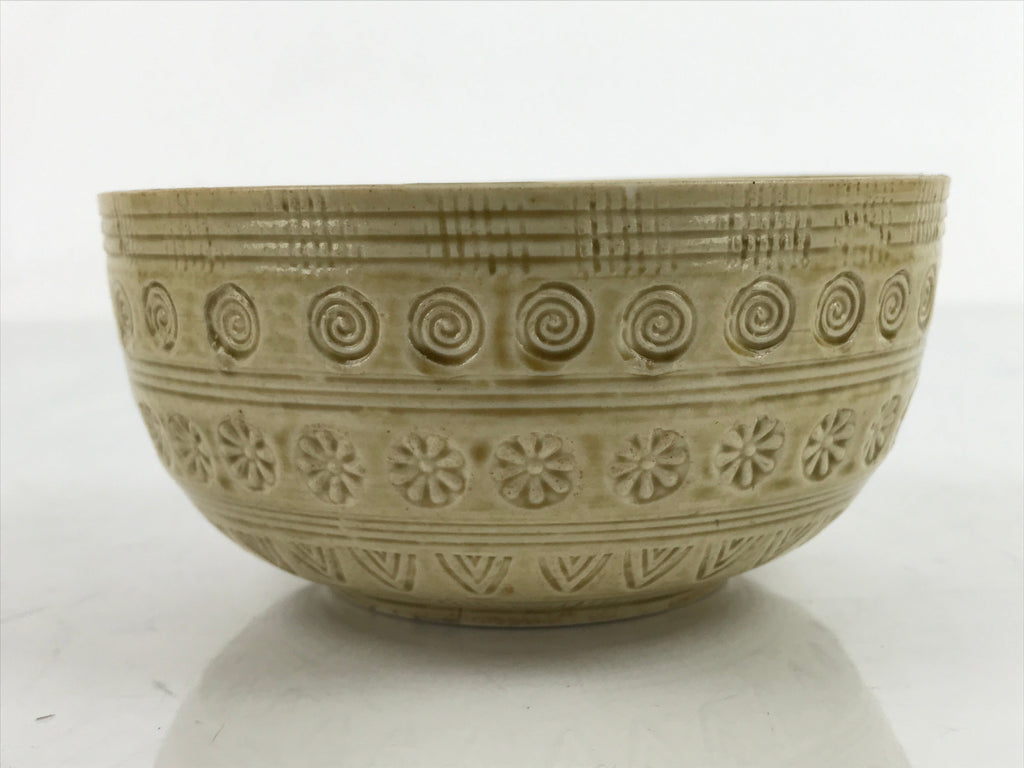 Japanese Ceramic Bowl Banko Ware Vtg Side Dish Beige Flowers Line Pattern PY997