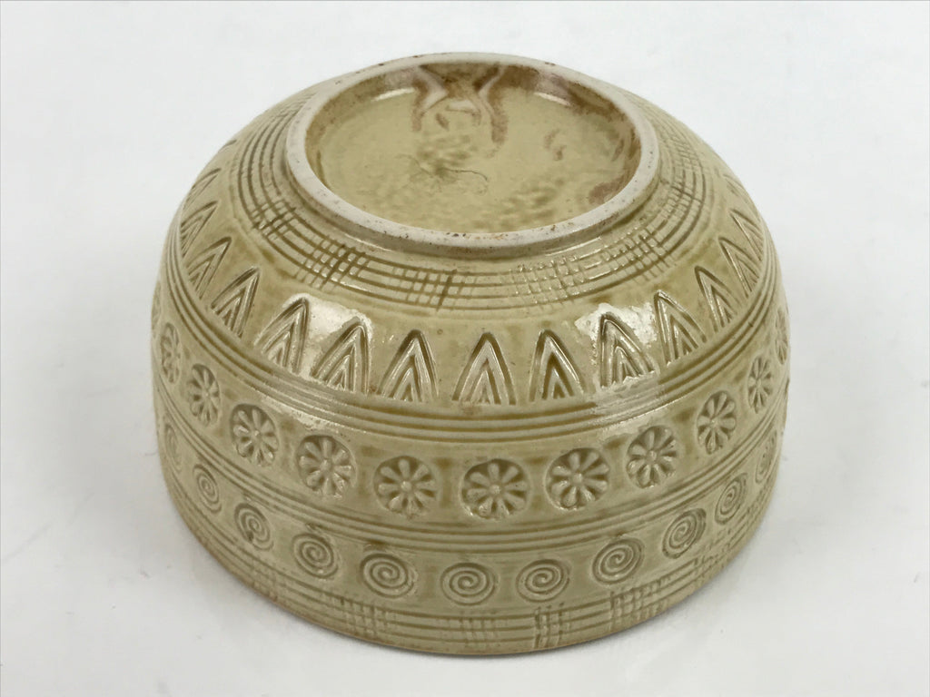 Japanese Ceramic Bowl Banko Ware Vtg Side Dish Beige Flowers Line Pattern PY997