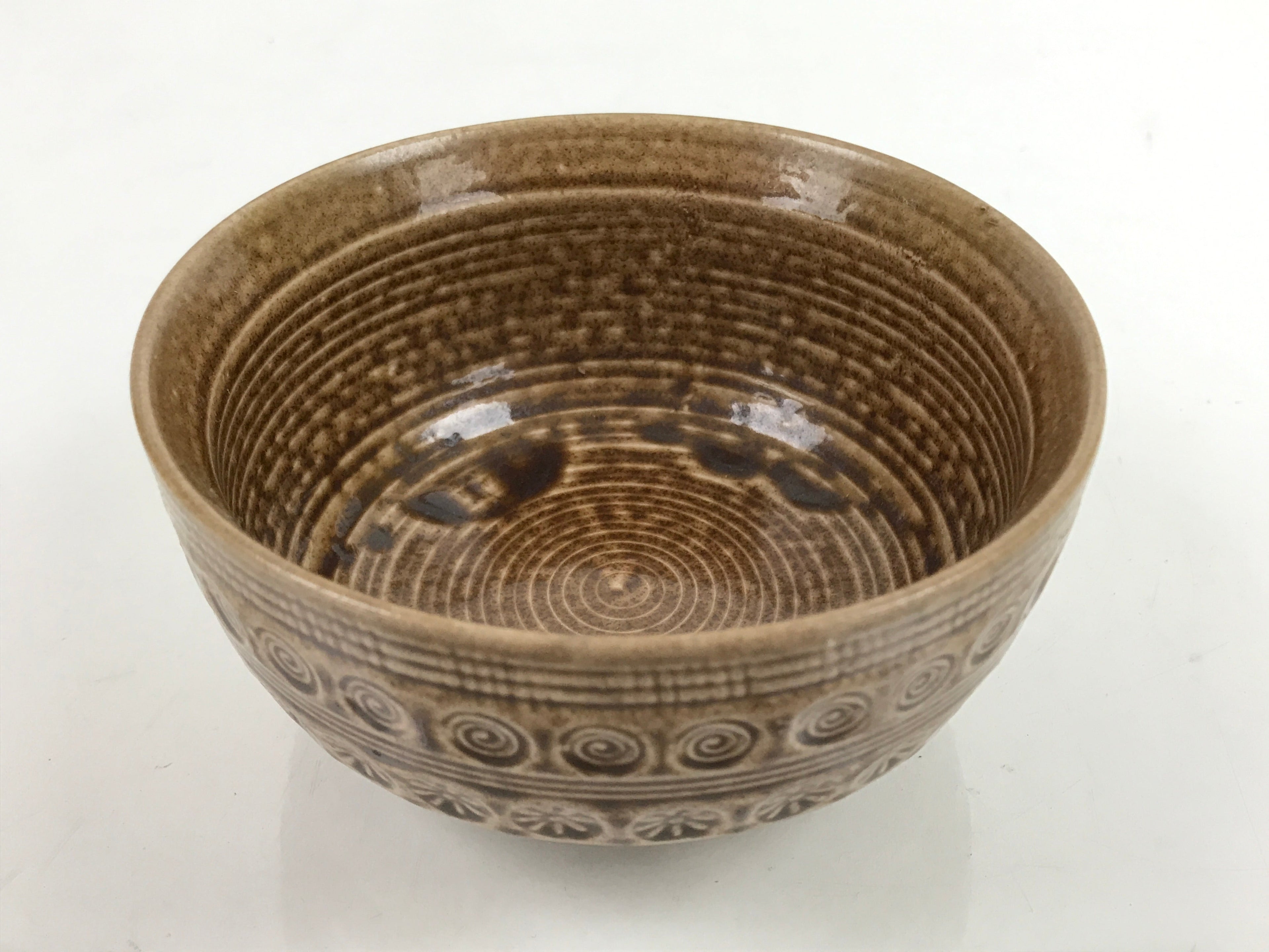 Japanese Ceramic Bowl Banko Ware Vtg Side Dish Brown Flowers Line Pattern PY994