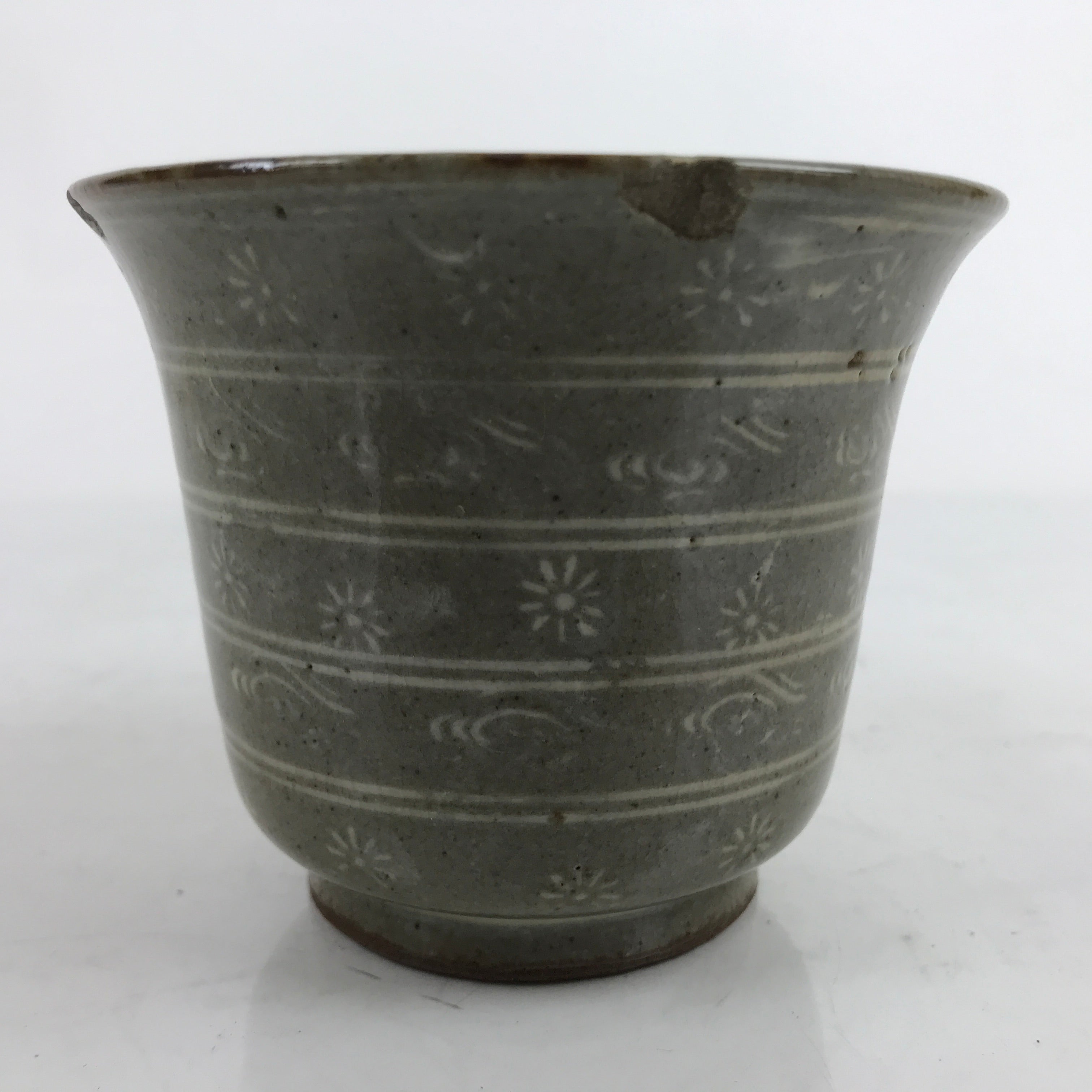 Japanese Ceramic Bowl Banko Ware Vtg Side Dish Cup White Flowers Lines Gray Y20