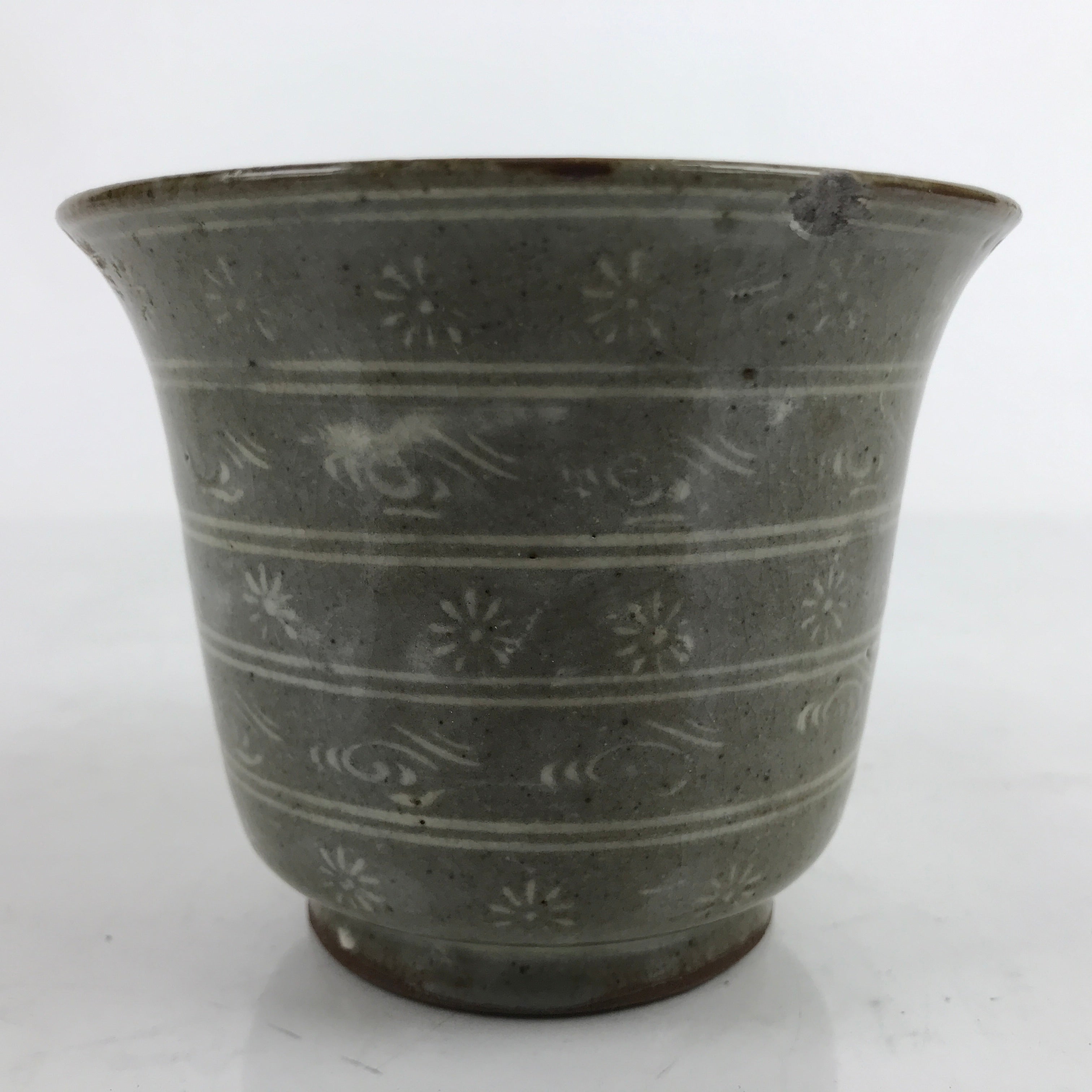 Japanese Ceramic Bowl Banko Ware Vtg Side Dish Cup White Flowers Lines Gray Y20