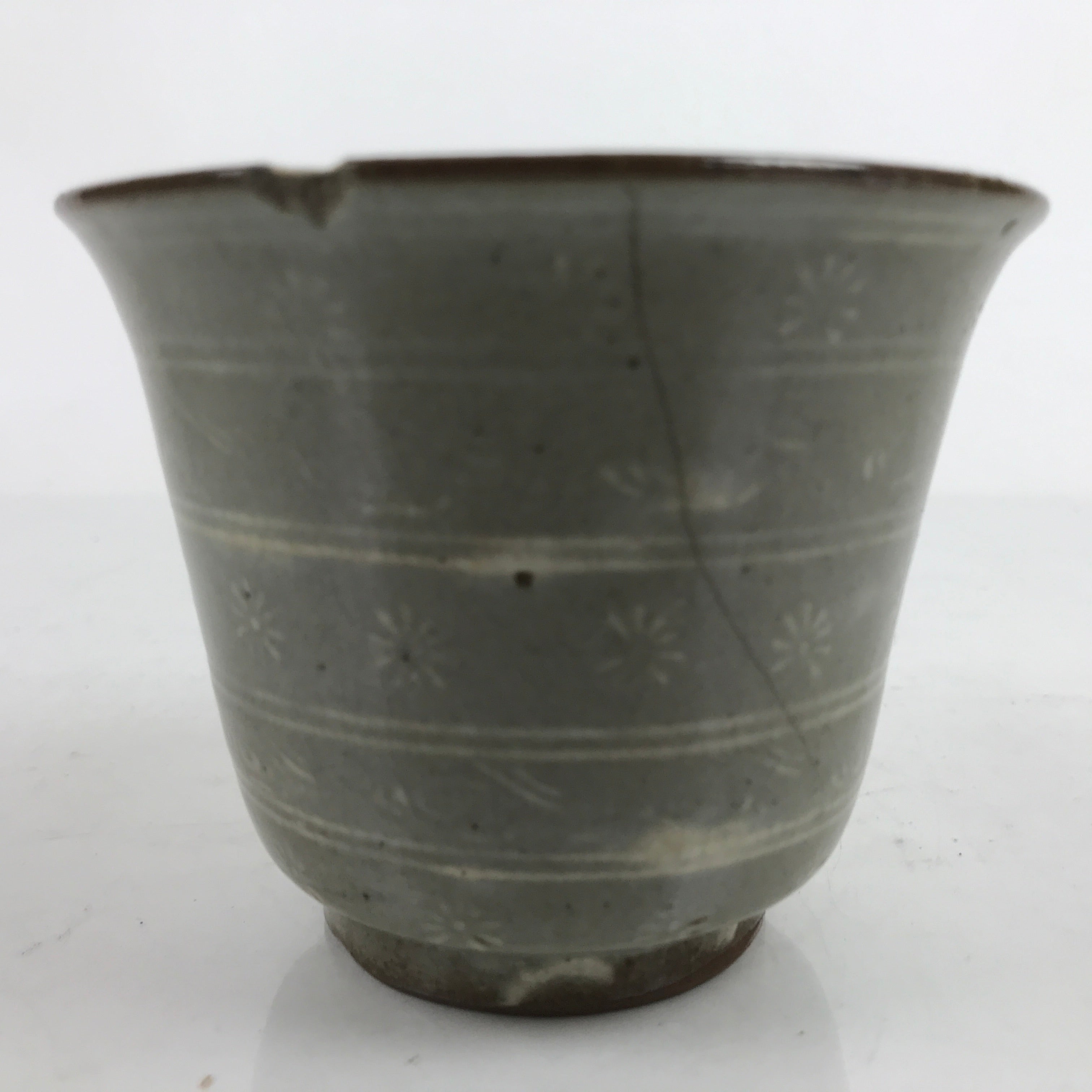 Japanese Ceramic Bowl Banko Ware Vtg Side Dish Cup White Flowers Lines Gray Y21