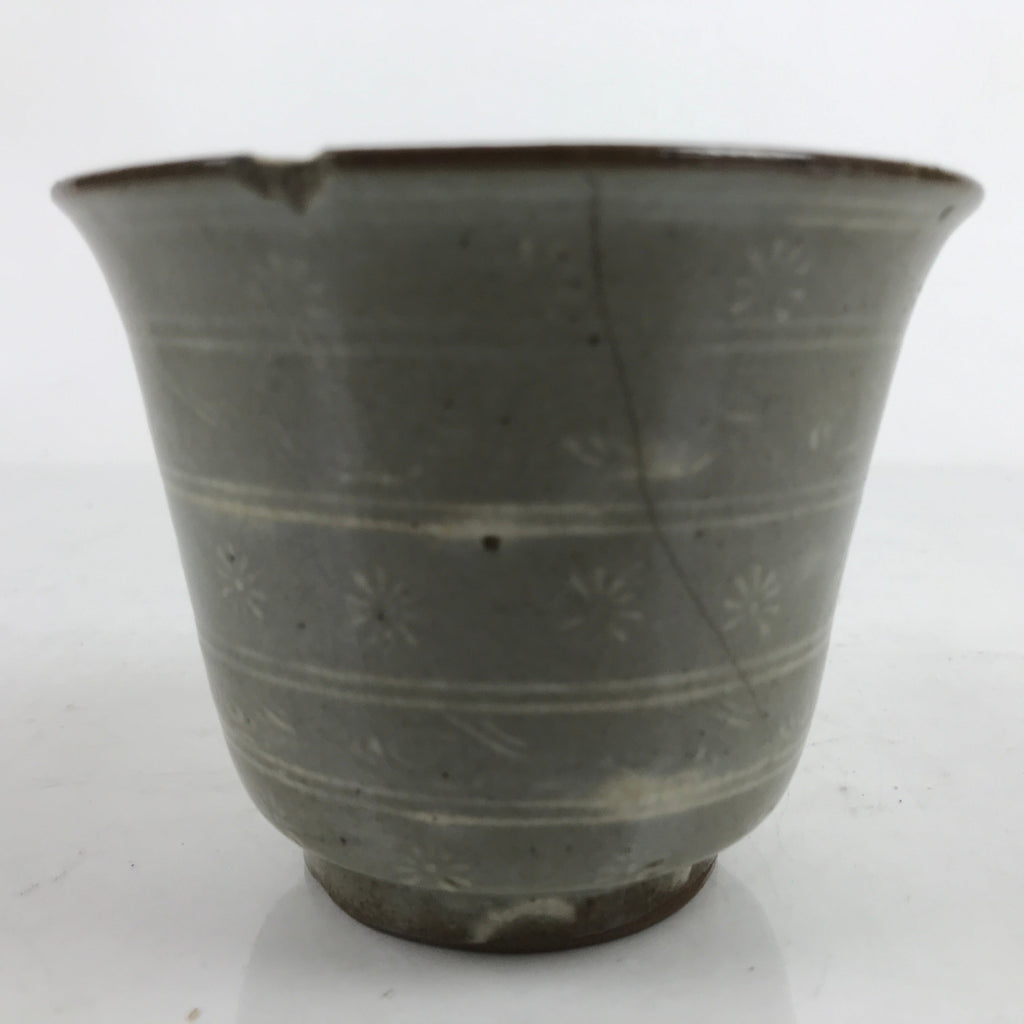 Japanese Ceramic Bowl Banko Ware Vtg Side Dish Cup White Flowers Lines Gray Y21
