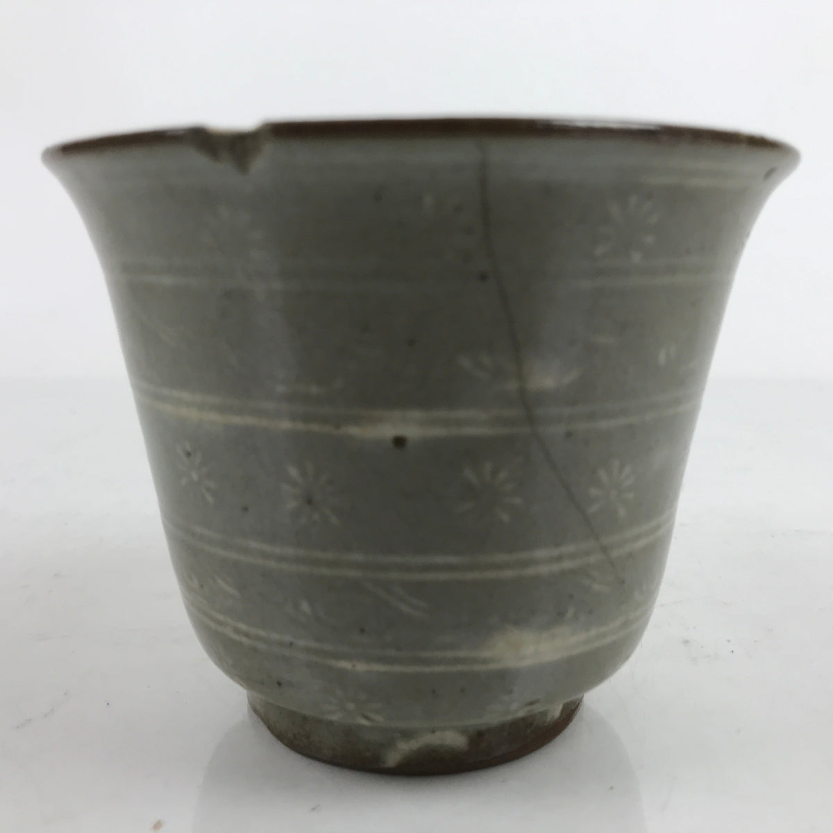 Japanese Ceramic Bowl Banko Ware Vtg Side Dish Cup White Flowers Lines Gray Y21