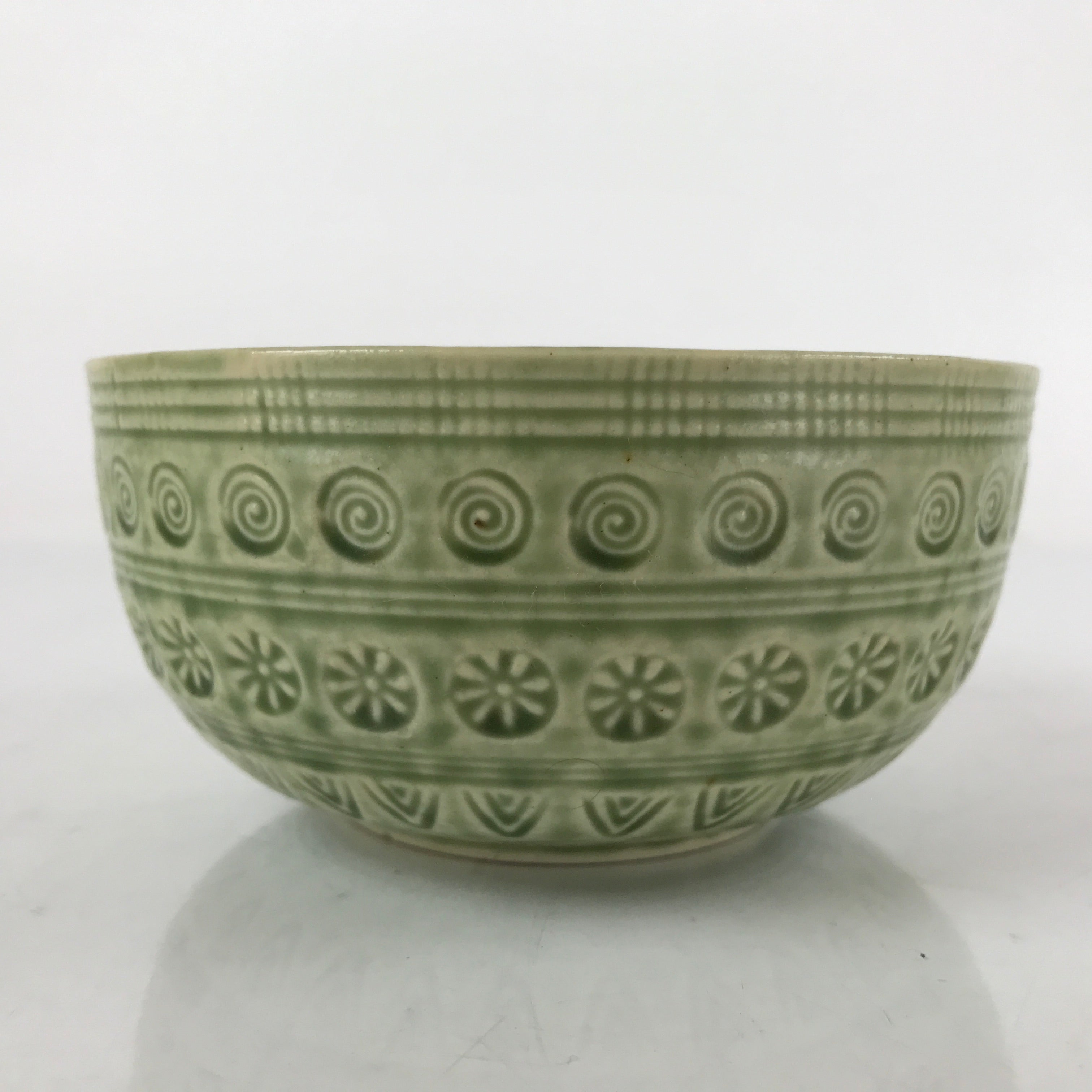 Japanese Ceramic Bowl Banko Ware Vtg Side Dish Green Flowers Line Pattern PY890