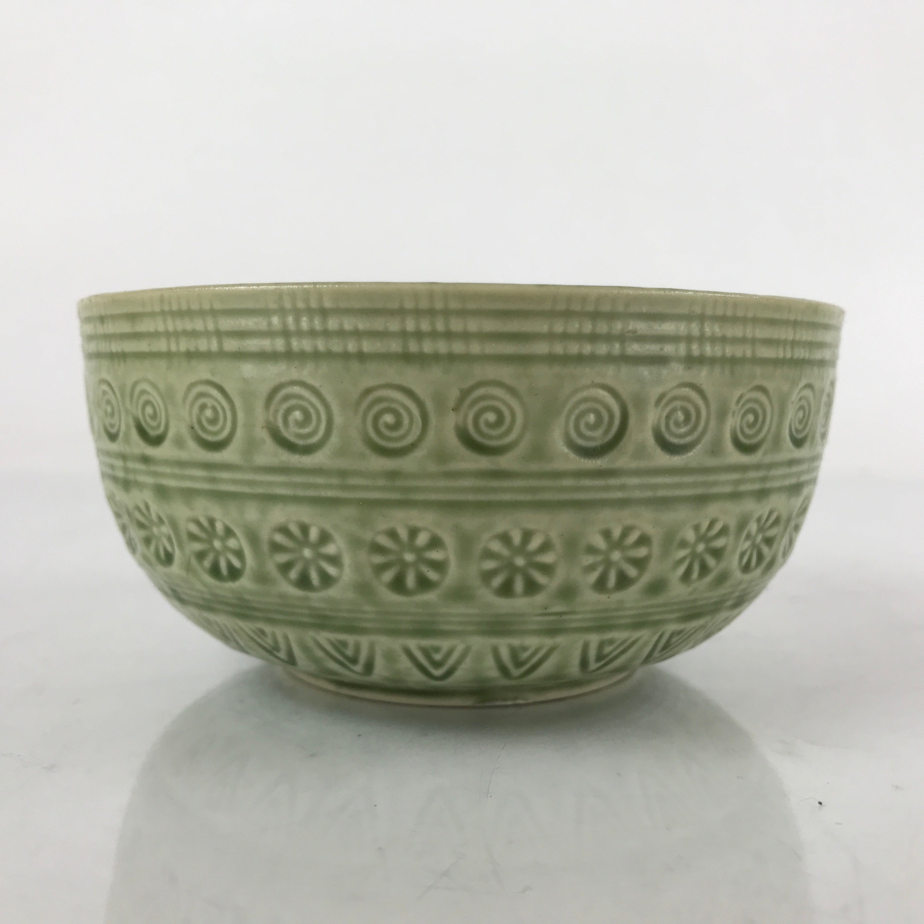 Japanese Ceramic Bowl Banko Ware Vtg Side Dish Green Flowers Line Pattern PY890