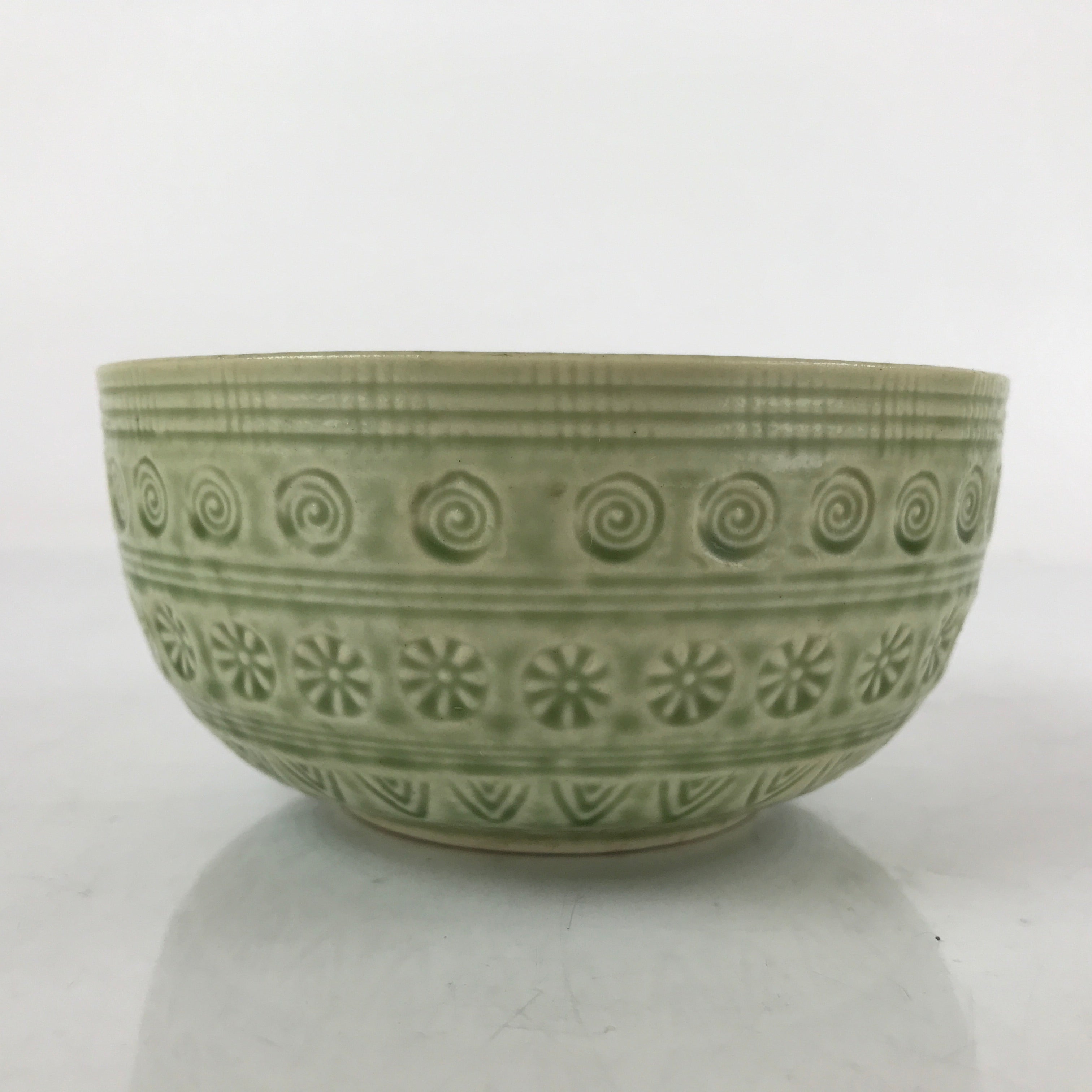 Japanese Ceramic Bowl Banko Ware Vtg Side Dish Green Flowers Line Pattern PY890