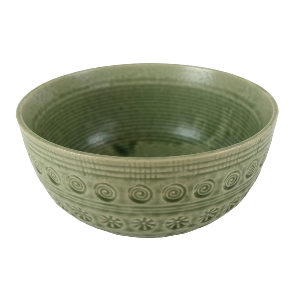 Japanese Ceramic Bowl Banko Ware Vtg Side Dish Green Flowers Line Pattern PY890