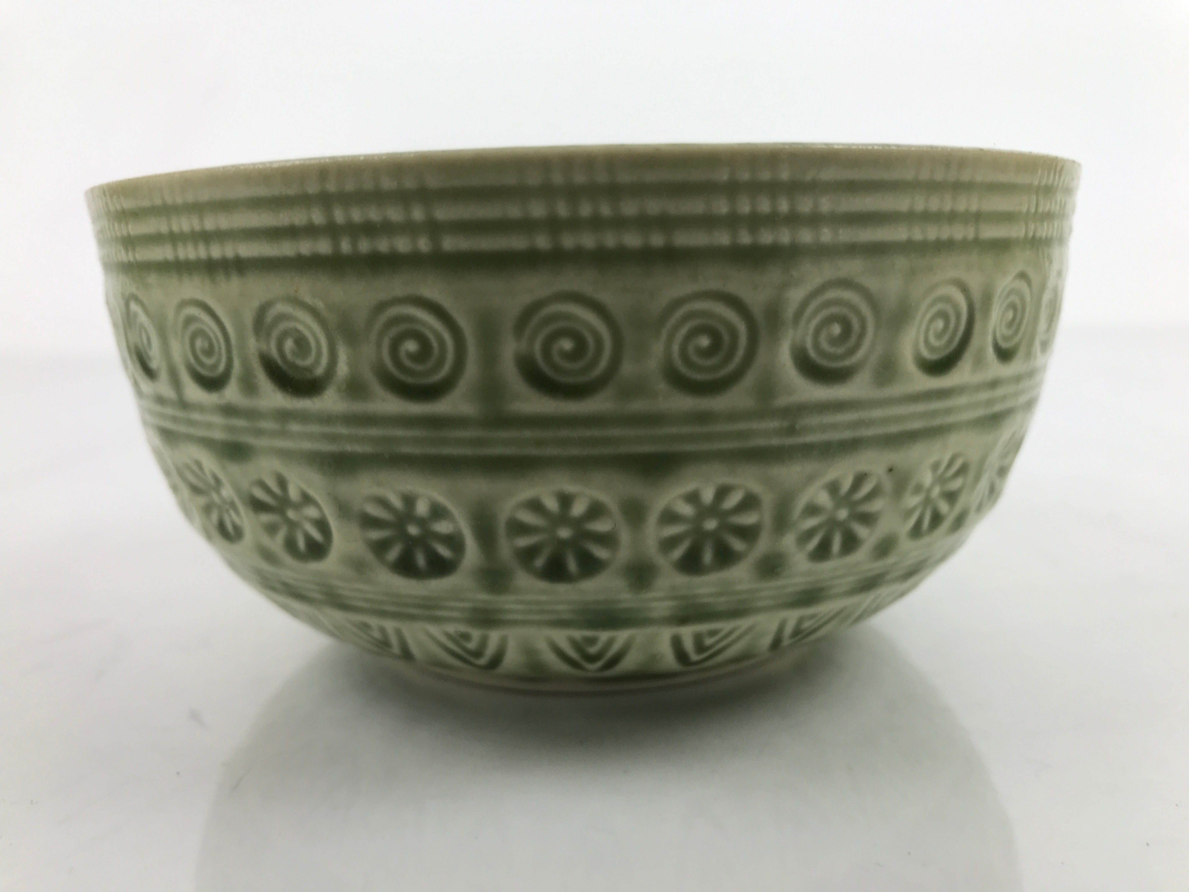 Japanese Ceramic Bowl Banko Ware Vtg Side Dish Green Flowers Line Pattern PY993