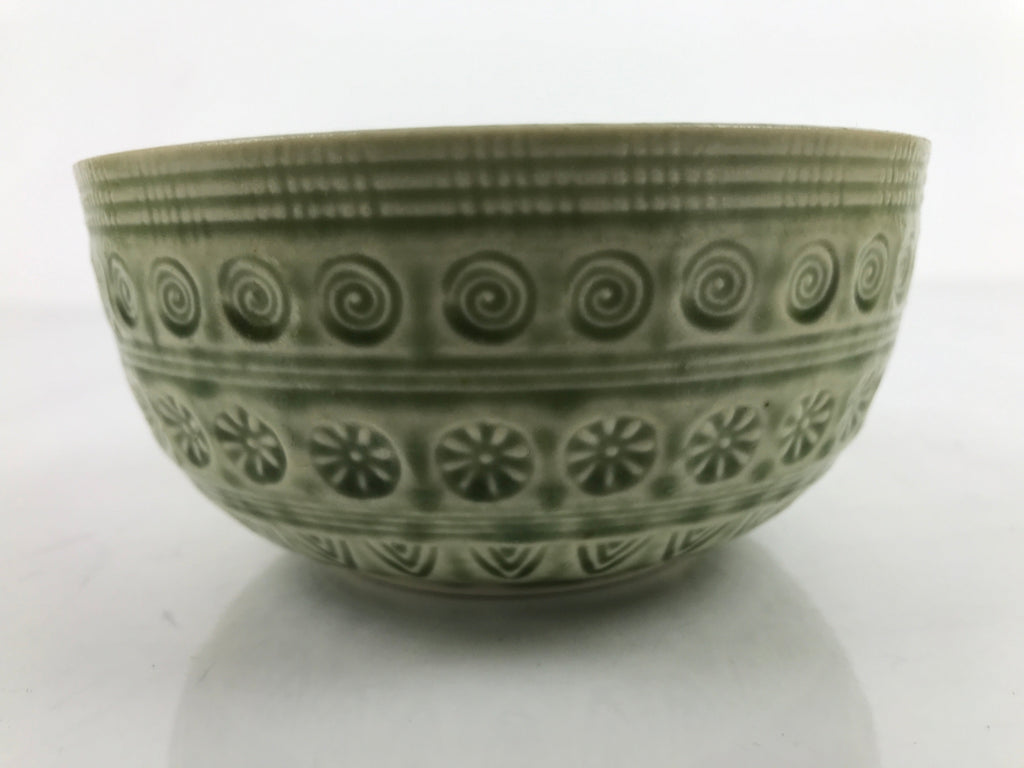 Japanese Ceramic Bowl Banko Ware Vtg Side Dish Green Flowers Line Pattern PY993