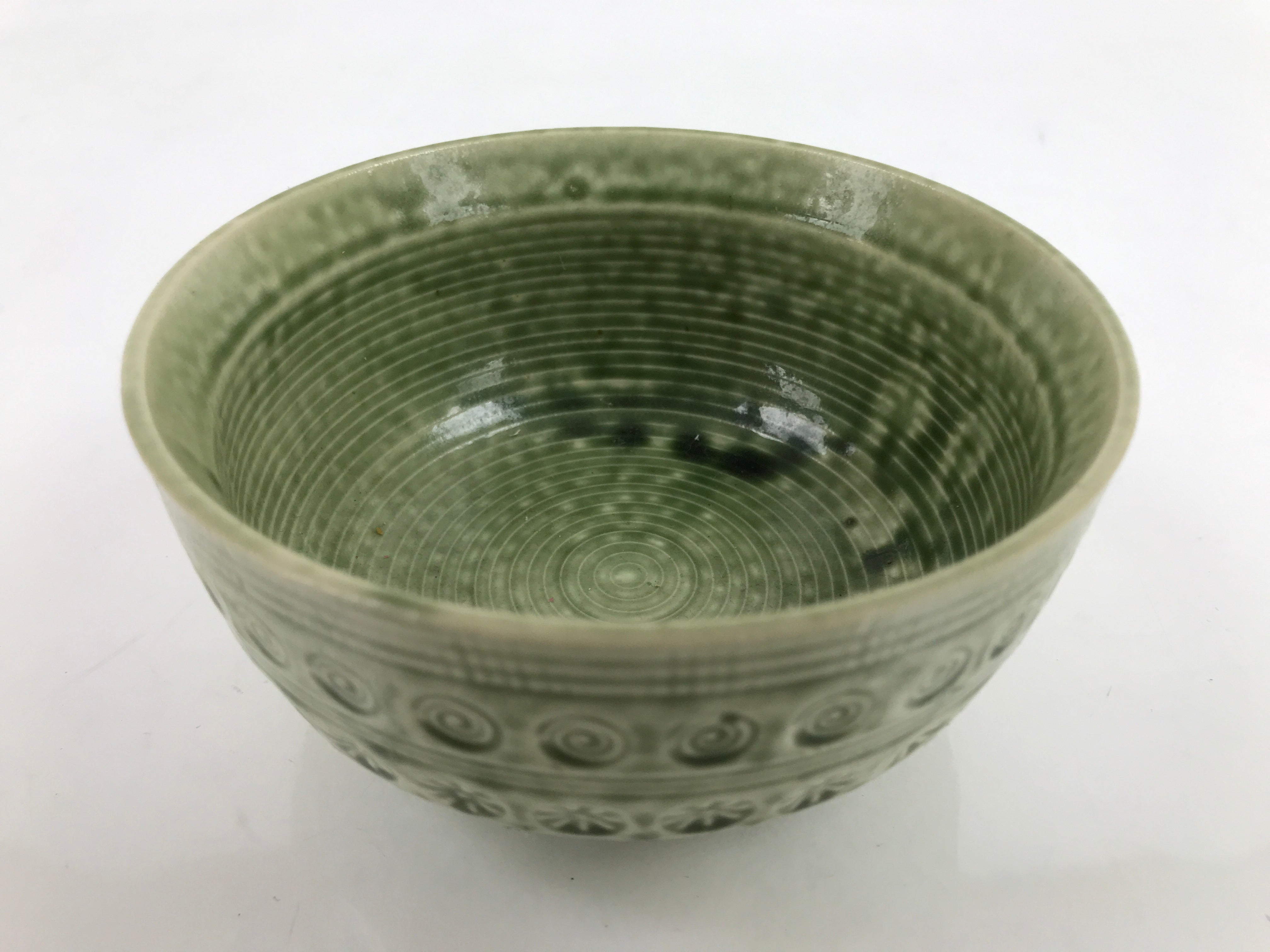 Japanese Ceramic Bowl Banko Ware Vtg Side Dish Green Flowers Line Pattern PY993