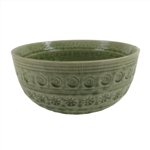 Japanese Ceramic Bowl Banko Ware Vtg Side Dish Green Flowers Line Pattern PY993