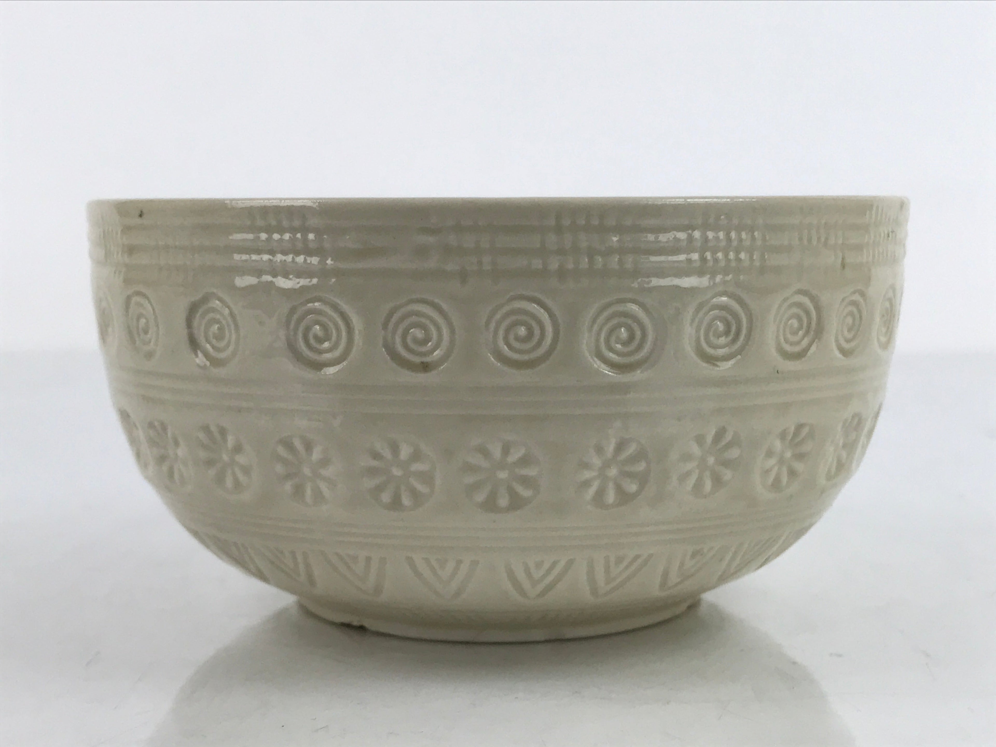 Japanese Ceramic Bowl Banko Ware Vtg Side Dish White Flowers Line Pattern PY998