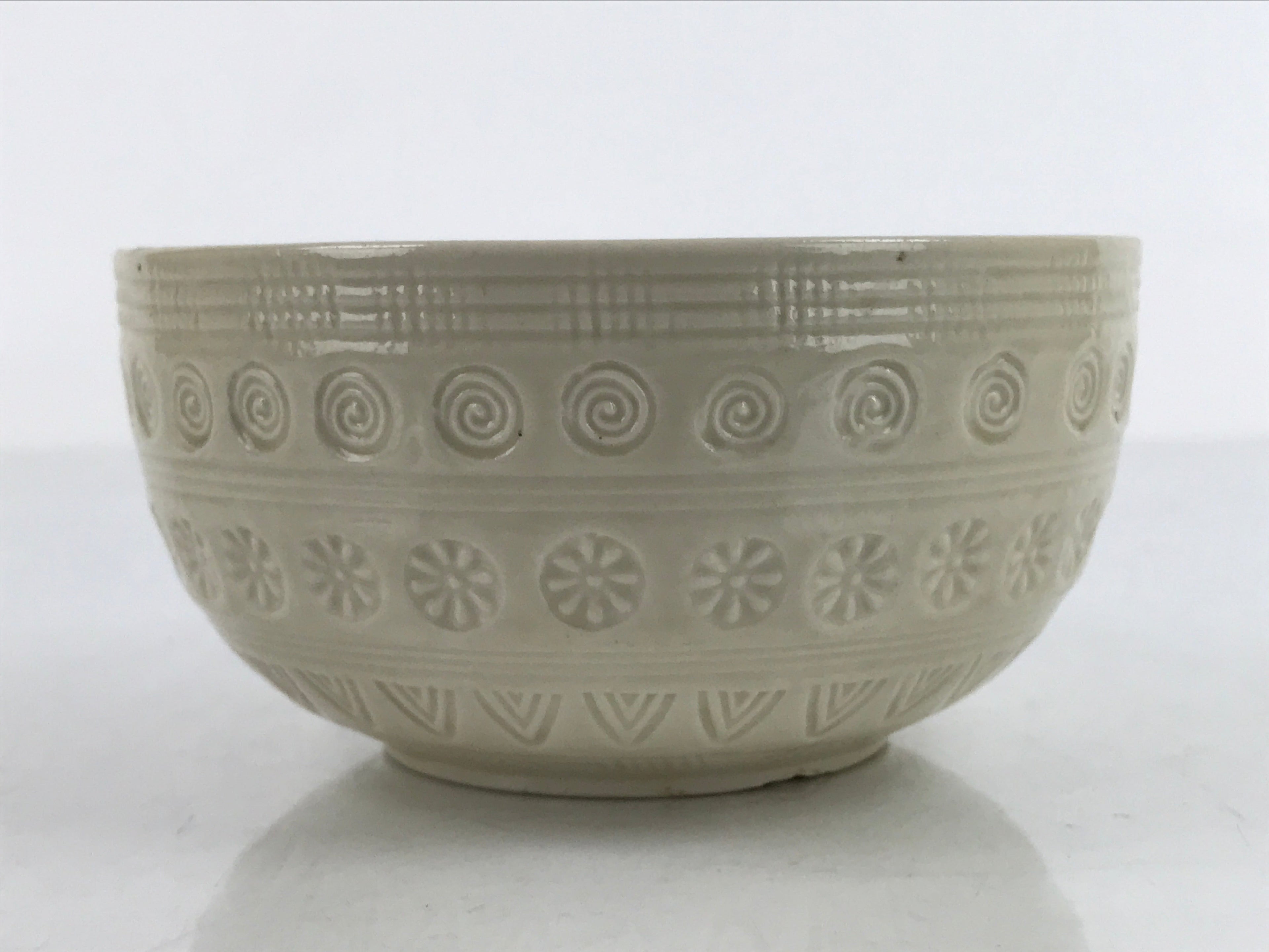 Japanese Ceramic Bowl Banko Ware Vtg Side Dish White Flowers Line Pattern PY998