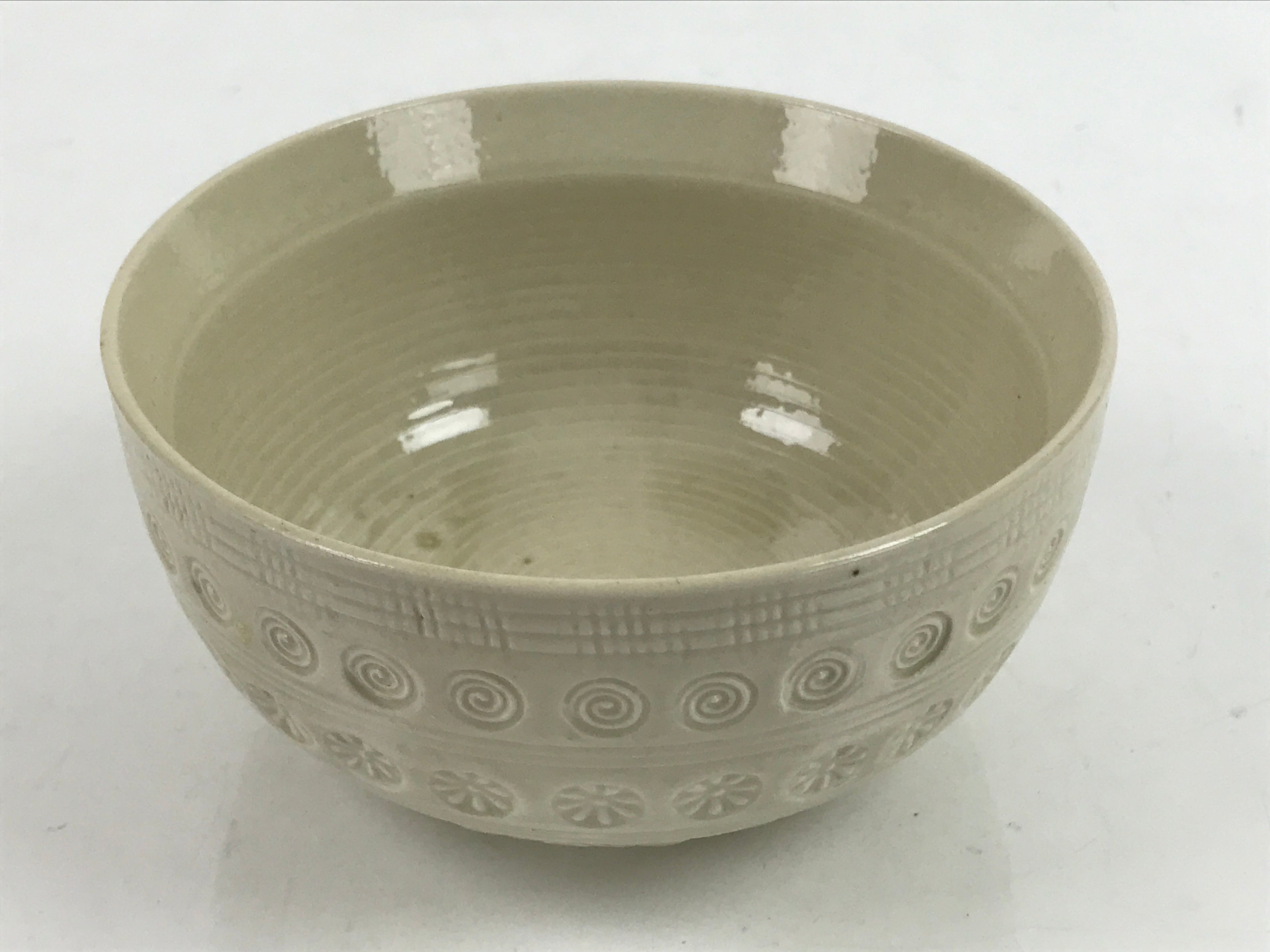 Japanese Ceramic Bowl Banko Ware Vtg Side Dish White Flowers Line Pattern PY998