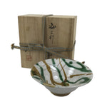 Japanese Ceramic Bowl Chawan Pottery Vtg Gray Green Brown Wood Box PX812