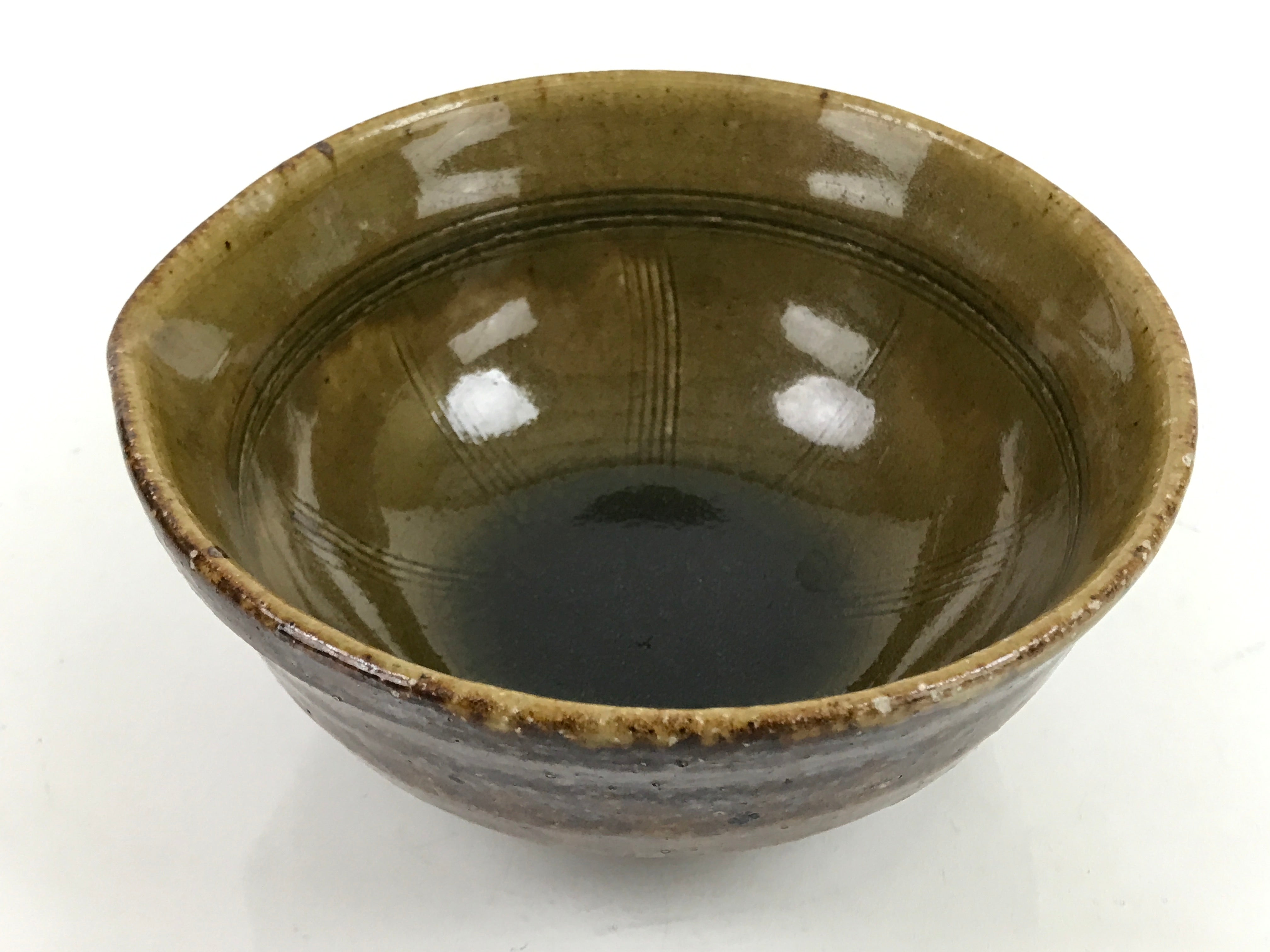 Japanese Ceramic Bowl Kobachi Owan Vtg Katakuchi Nimono Nabe Green Brown Y129