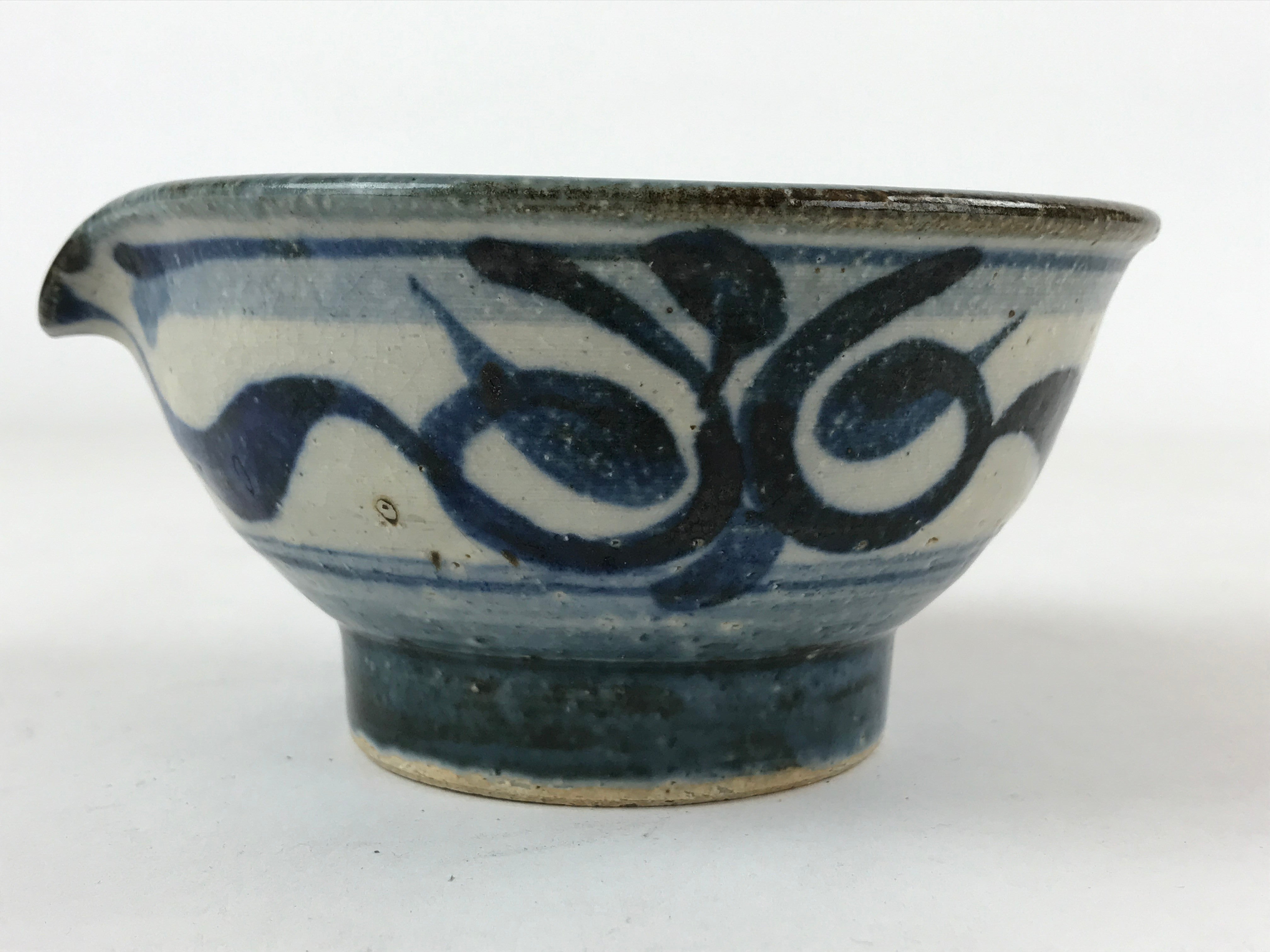 Japanese Ceramic Bowl Vtg Katakuchi Dark Blue Floral Karakusa PY606