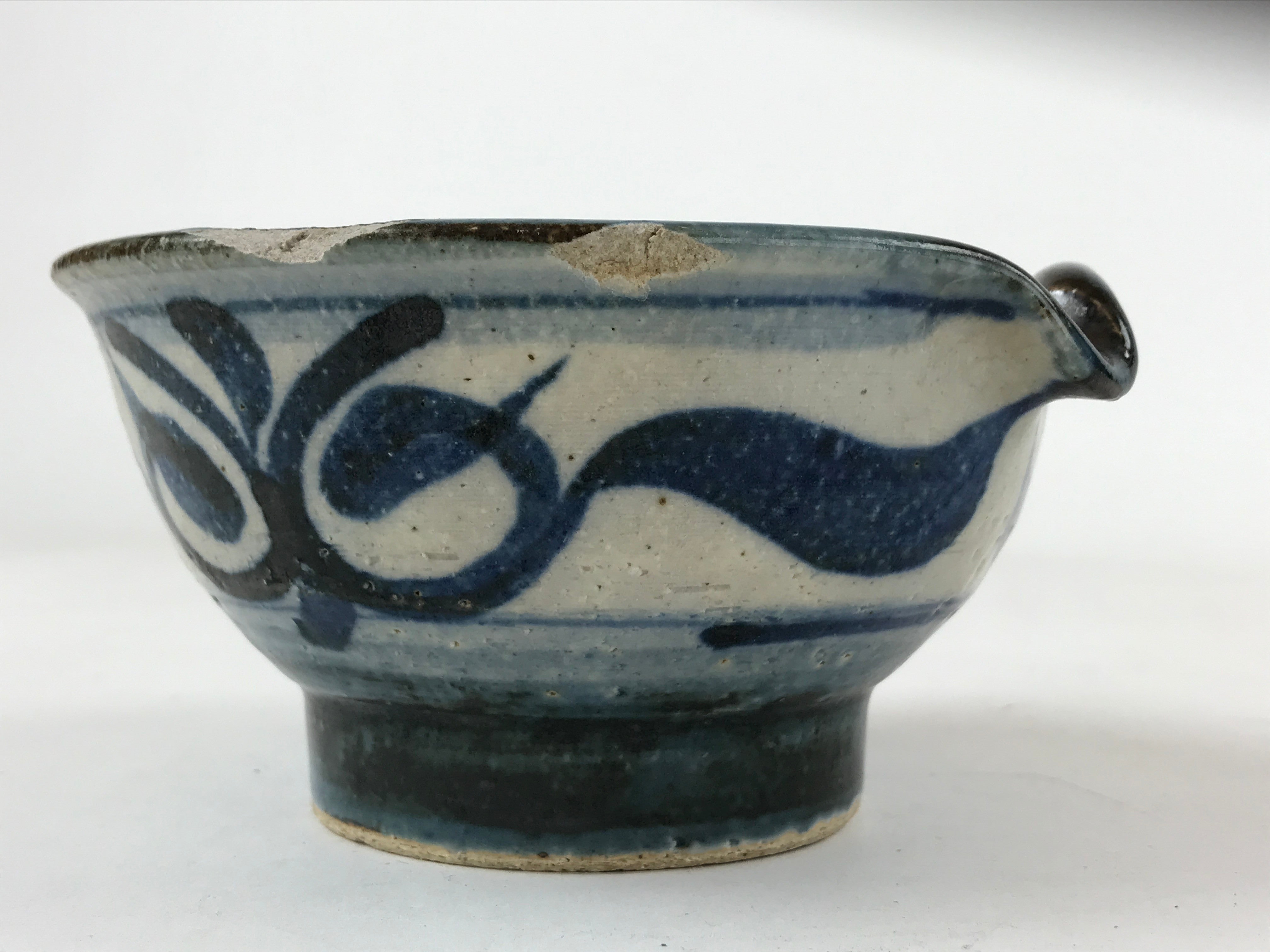 Japanese Ceramic Bowl Vtg Katakuchi Dark Blue Floral Karakusa PY606