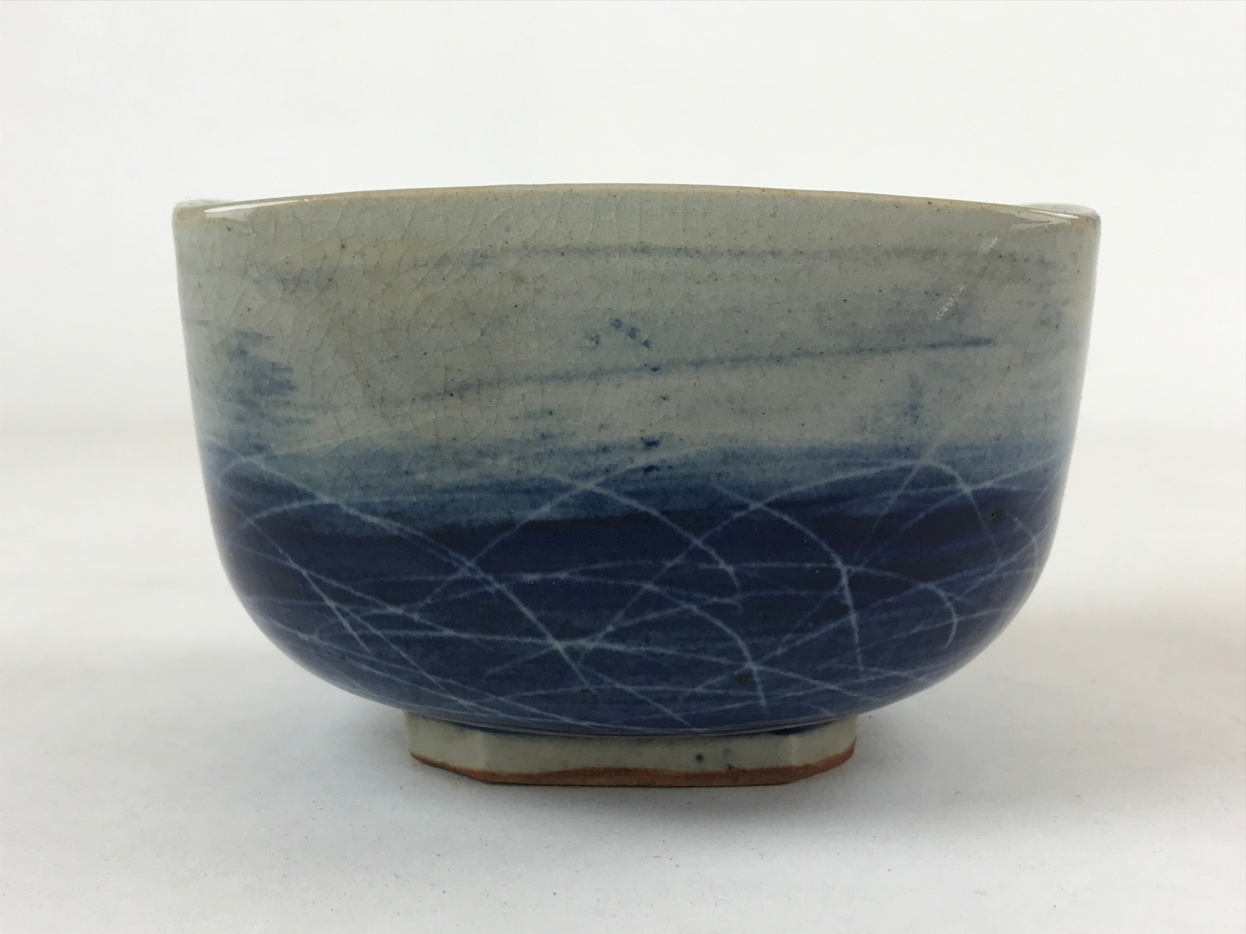 Japanese Ceramic Bowl Vtg Square Crackle Glaze Gray Blue PY595