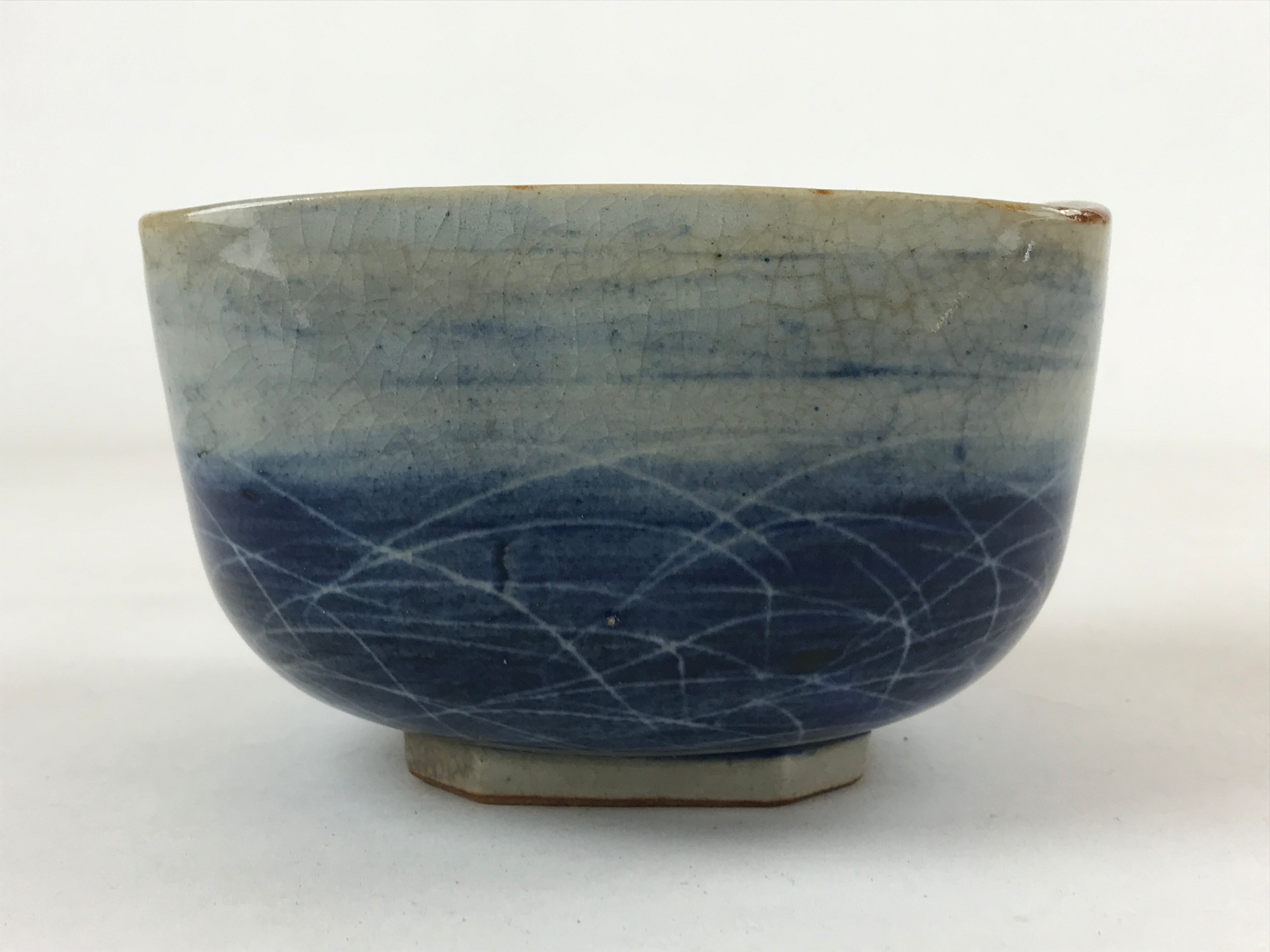 Japanese Ceramic Bowl Vtg Square Crackle Glaze Gray Blue PY595