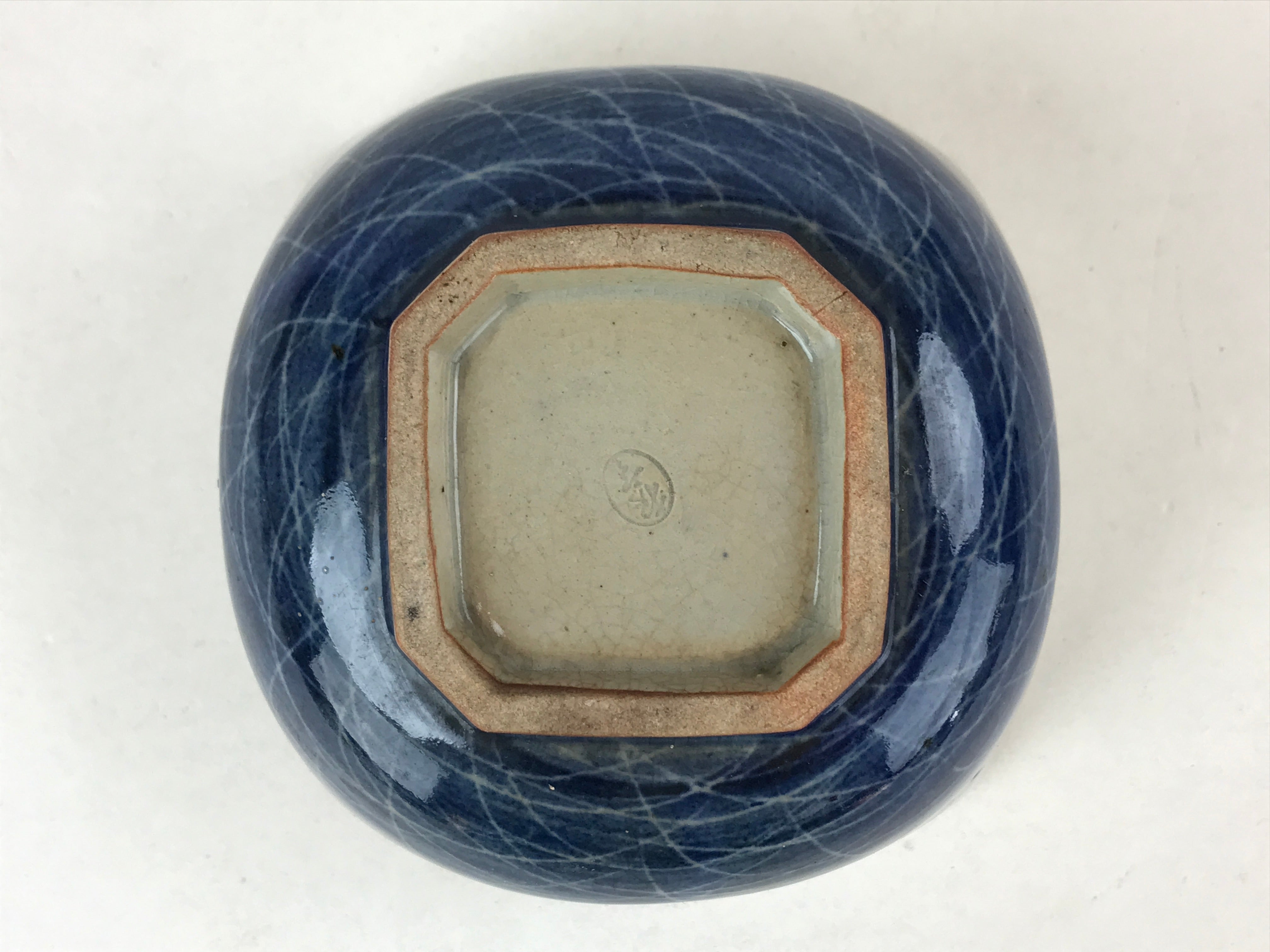 Japanese Ceramic Bowl Vtg Square Crackle Glaze Gray Blue PY595