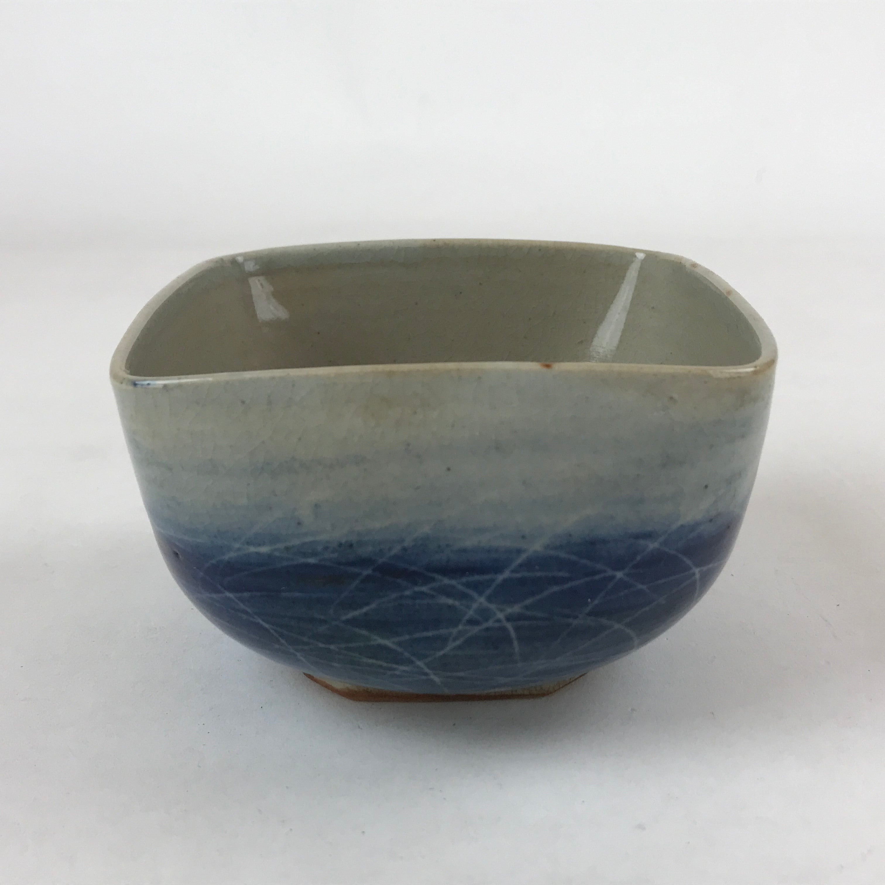 Japanese Ceramic Bowl Vtg Square Crackle Glaze Gray Blue PY595