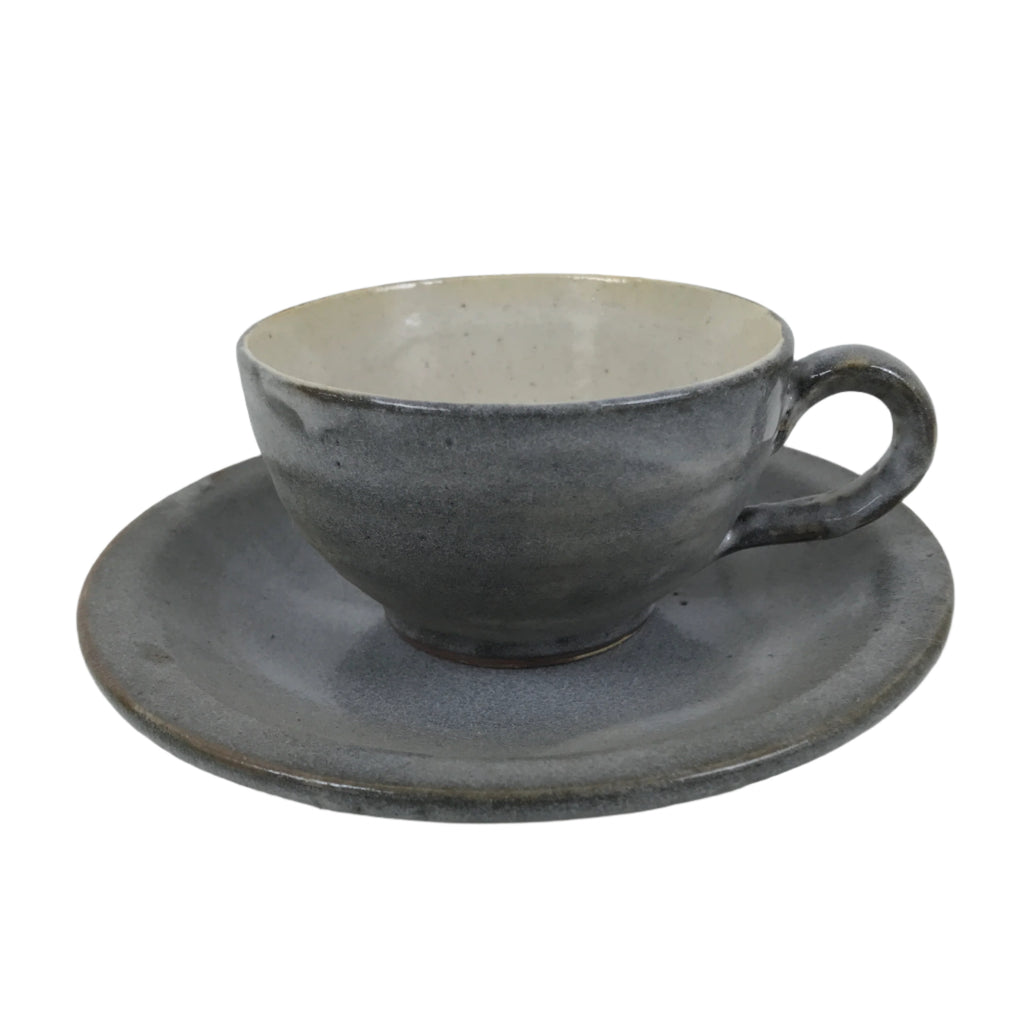 Japanese Ceramic Coffee Cup W/ Saucer Vtg Commemorative Teacup Gray White Y420
