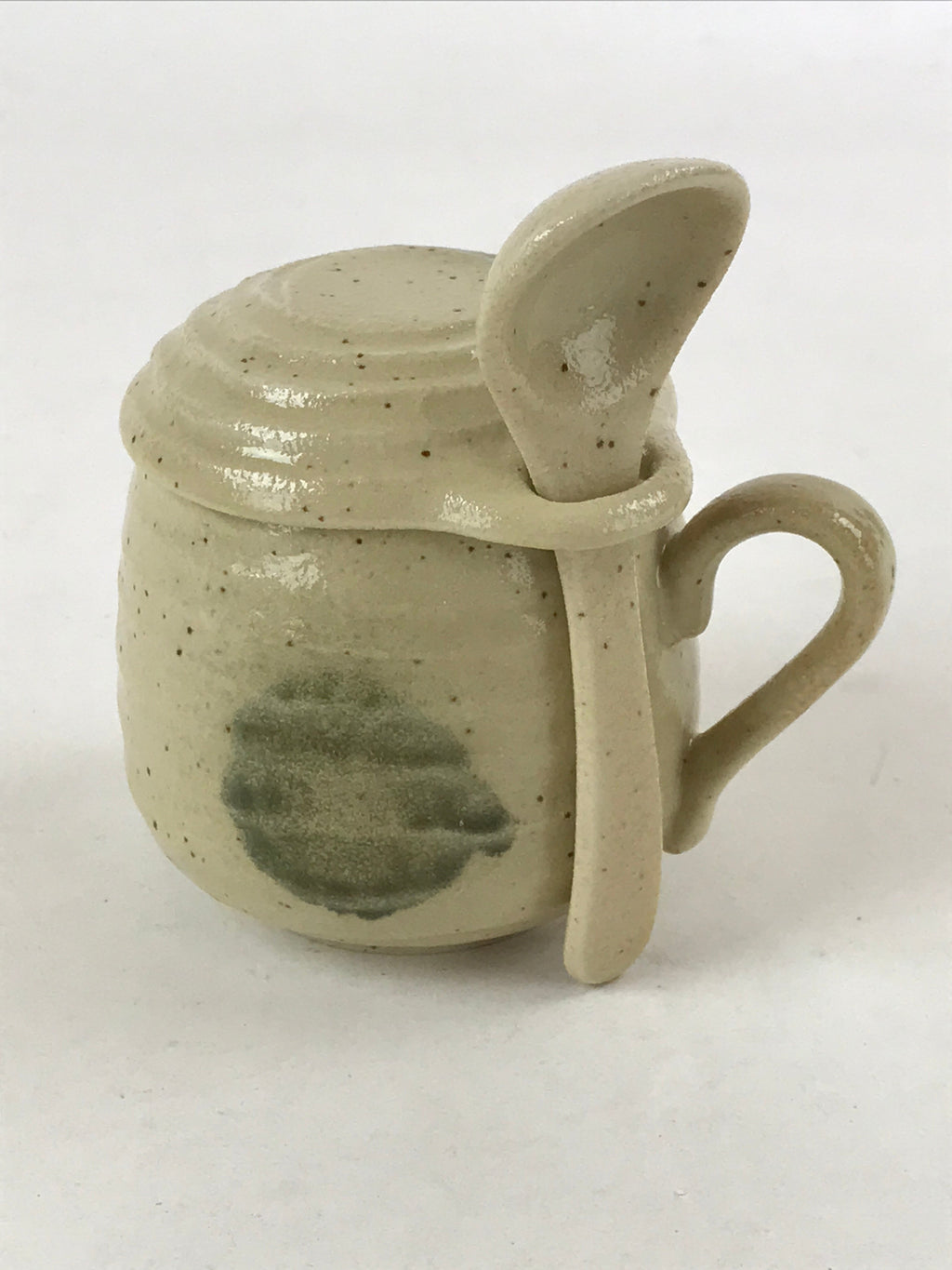 Japanese Ceramic Cup W/ Handle Lid Spoon Vtg Beige Green Condiment Box PY538