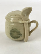 Japanese Ceramic Cup W/ Handle Lid Spoon Vtg Beige Green Condiment Box PY538