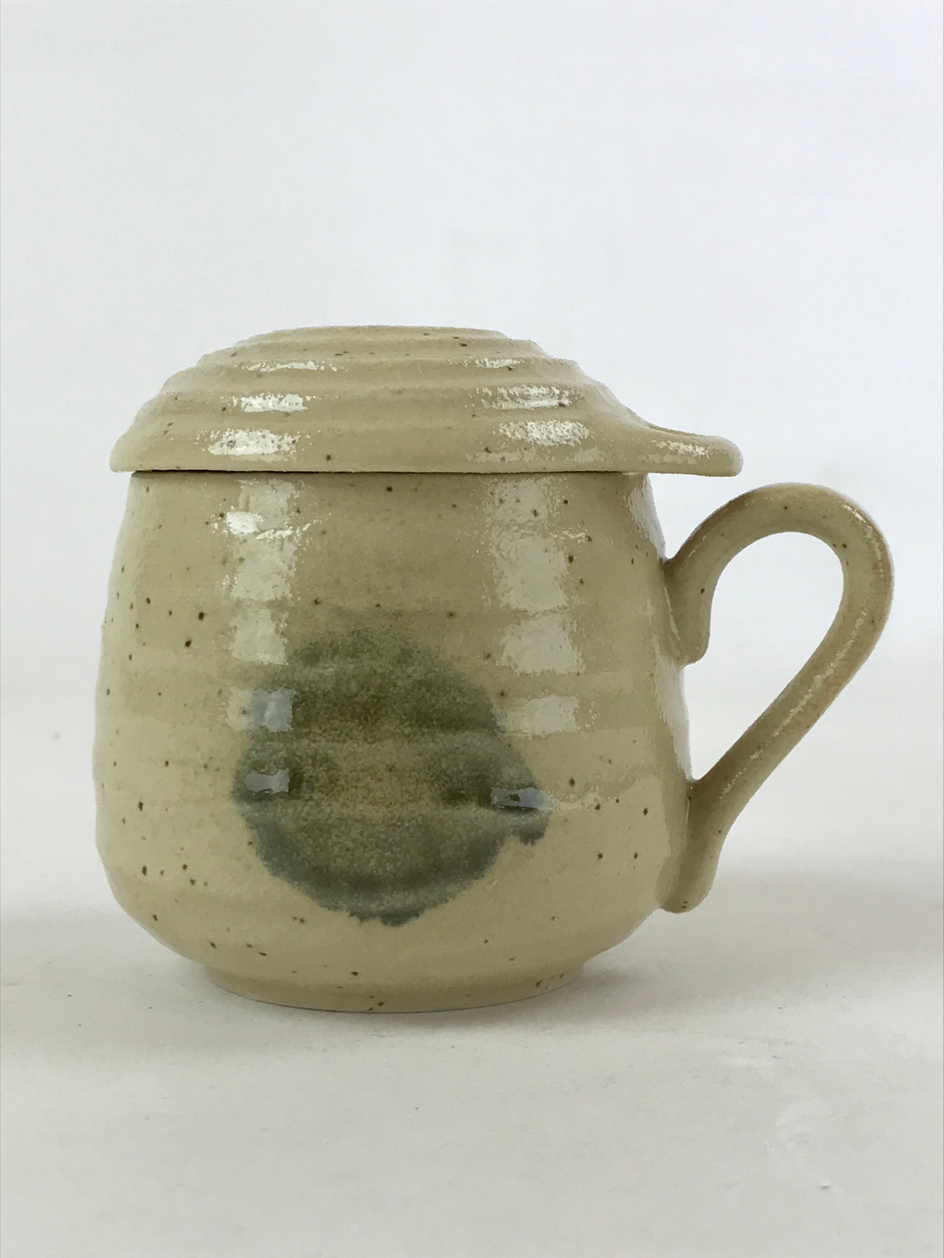 Japanese Ceramic Cup W/ Handle Lid Spoon Vtg Beige Green Condiment Box PY538